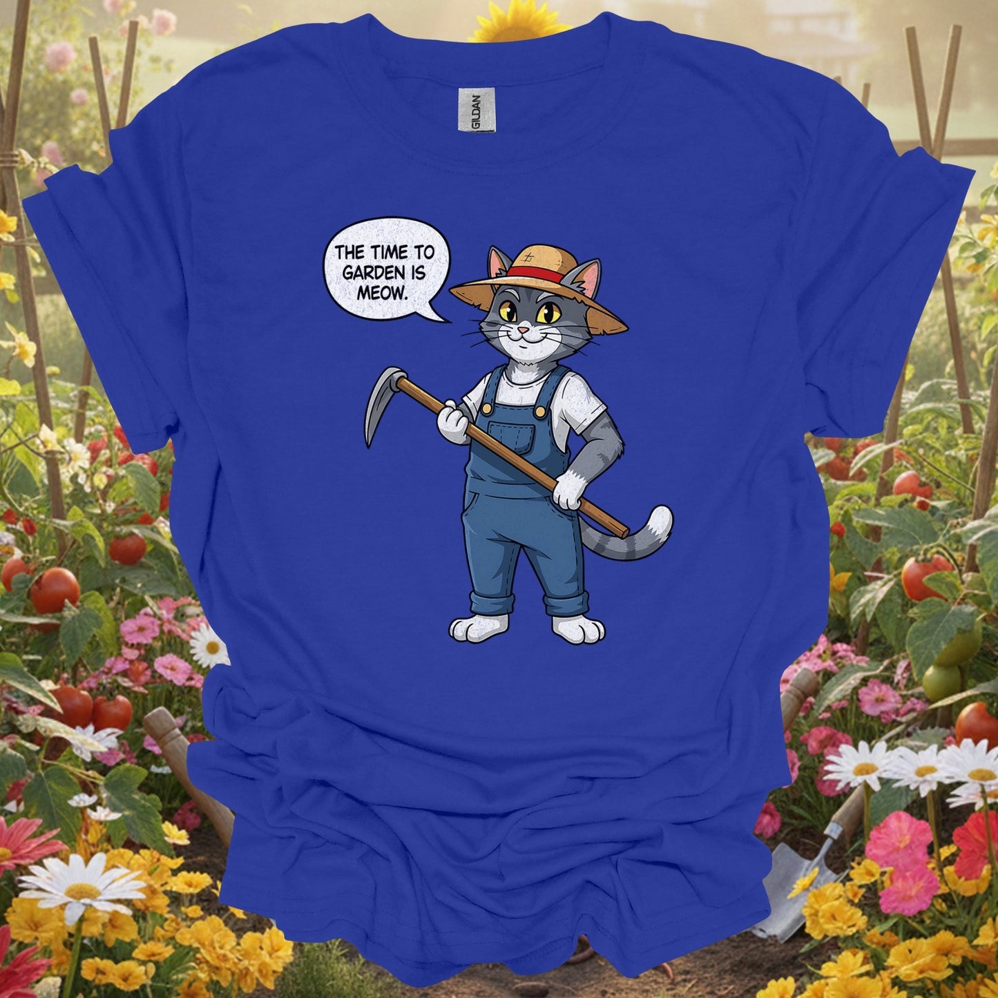 "The Time to Garden is Meow" Funny Cat Gardener Pun T-shirt - GardeningTshirts
