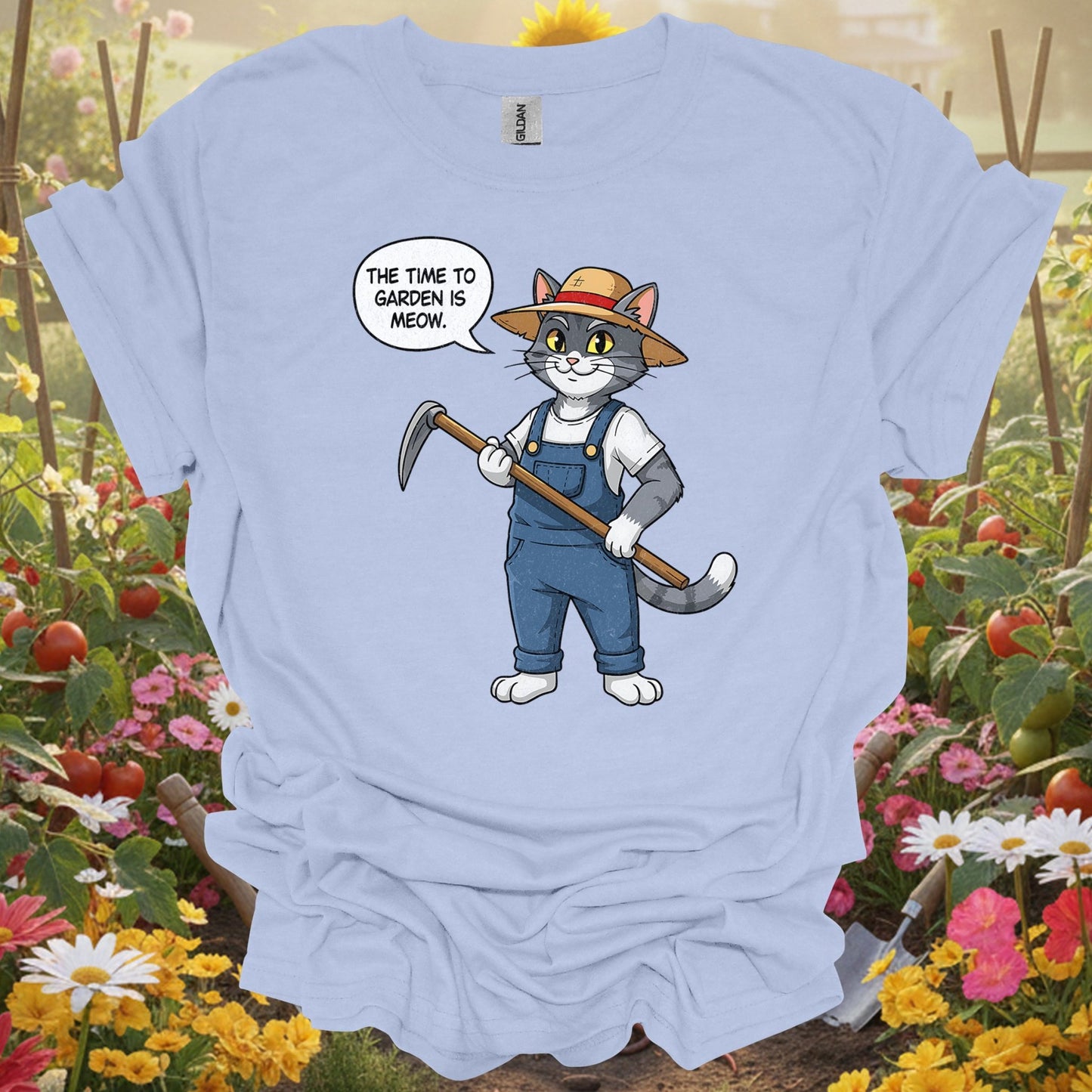 "The Time to Garden is Meow" Funny Cat Gardener Pun T-shirt - GardeningTshirts