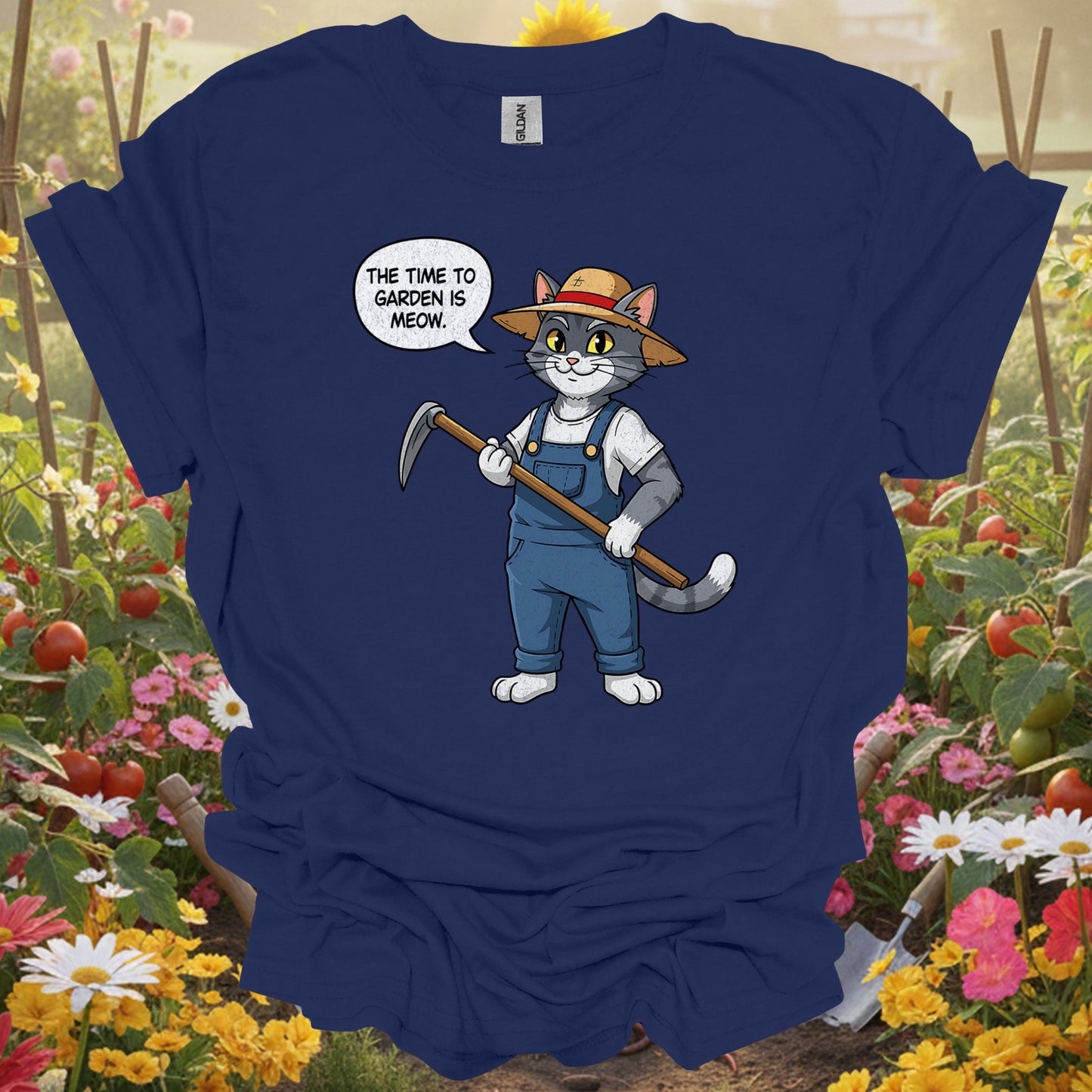 "The Time to Garden is Meow" Funny Cat Gardener Pun T-shirt - GardeningTshirts