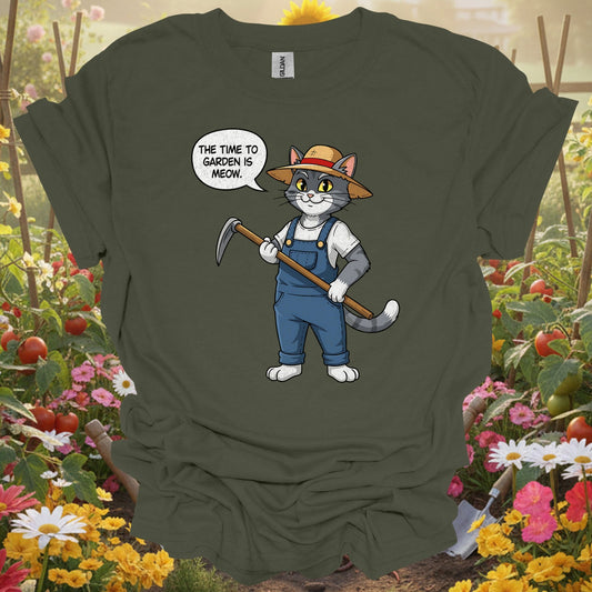 "The Time to Garden is Meow" Funny Cat Gardener Pun T-shirt - GardeningTshirts