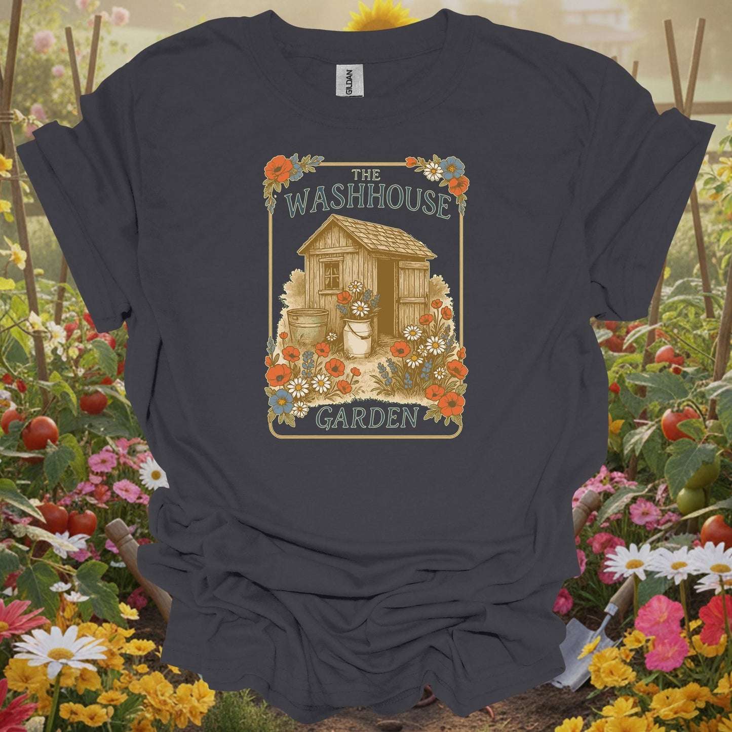 Charcoal tshirt showing vintage washhouse garden shed botanical illustration for vintage garden lovers