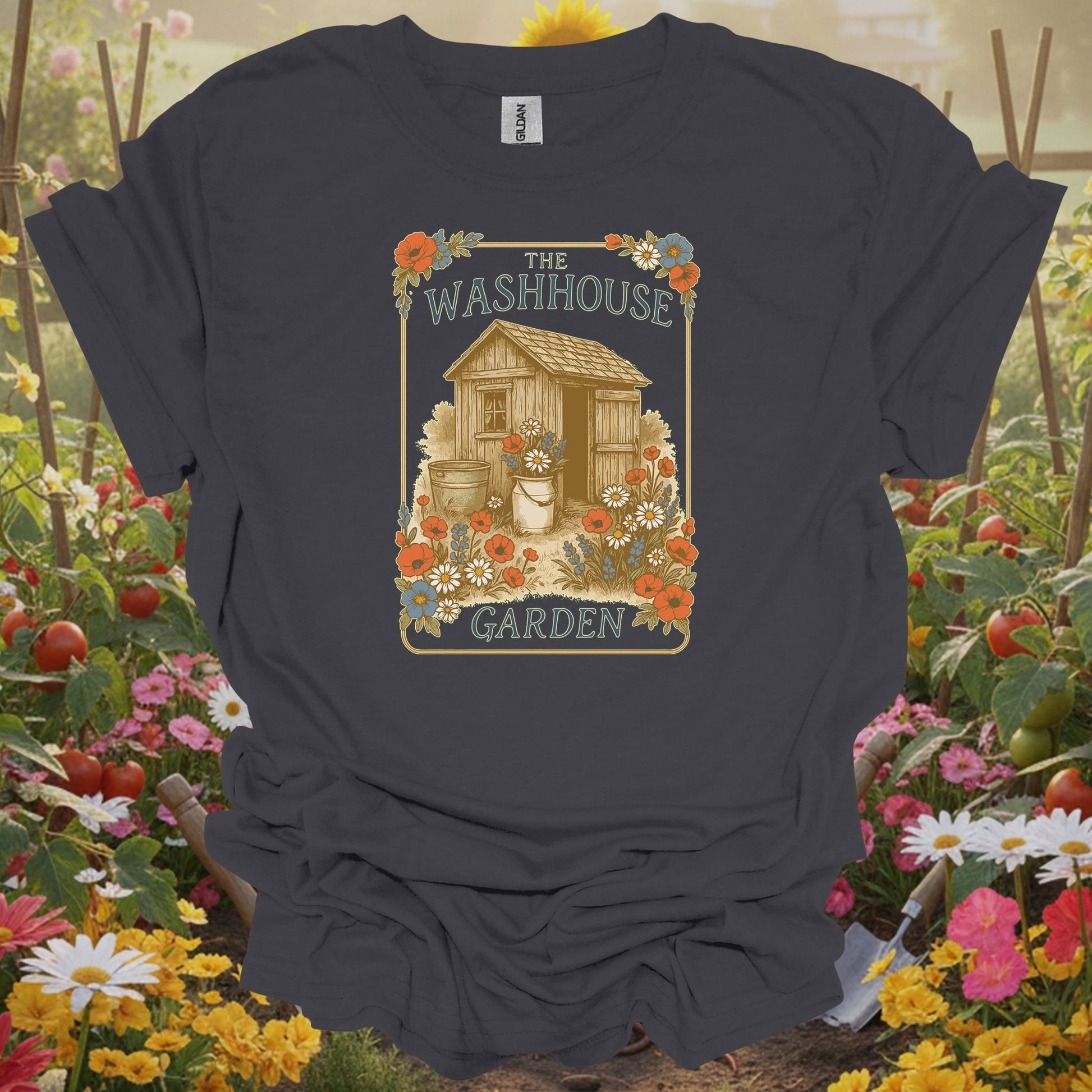 Charcoal tshirt showing vintage washhouse garden shed botanical illustration for vintage garden lovers