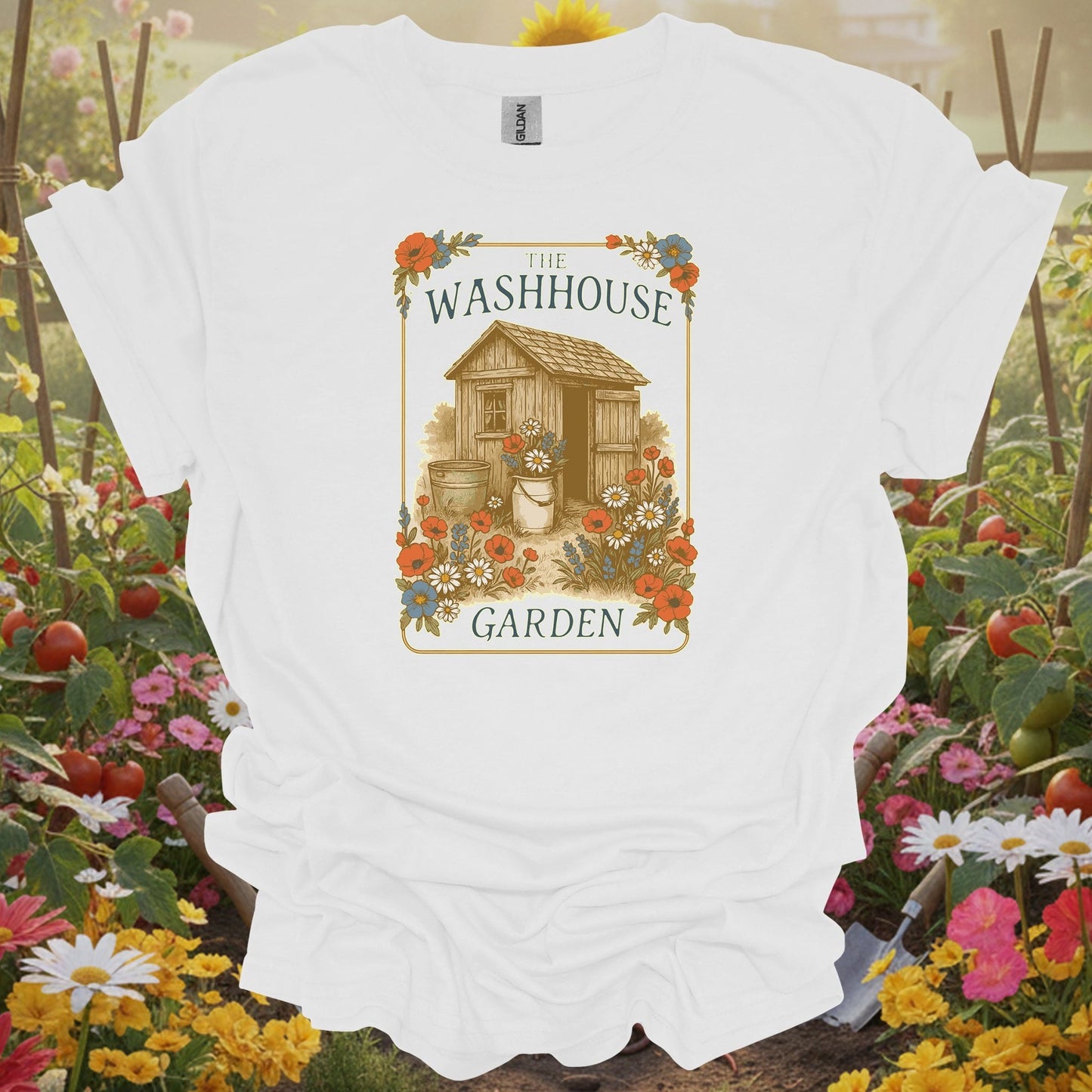 White tee showing vintage washhouse garden shed botanical illustration for botanical illustration collectors