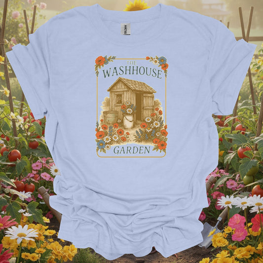 LIght blue tee showing vintage washhouse garden shed botanical illustration for shed enthusiasts