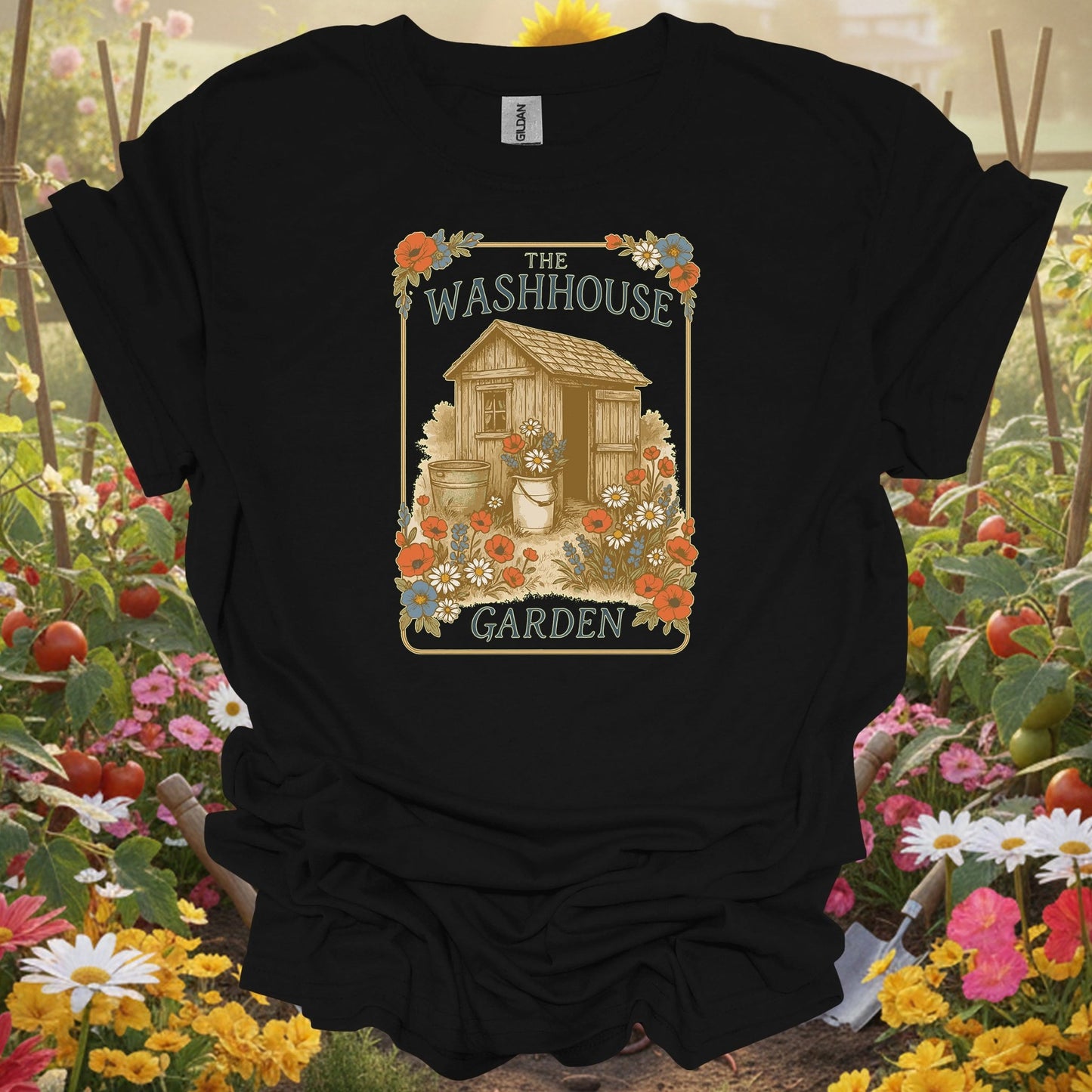 Black shirt showing vintage washhouse garden shed botanical illustration for garden historians