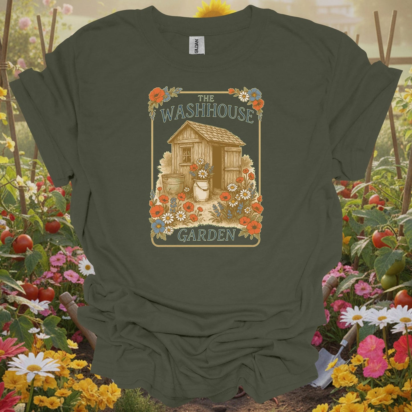 Military Green top showing vintage washhouse garden shed botanical illustration for folks with garden sheds