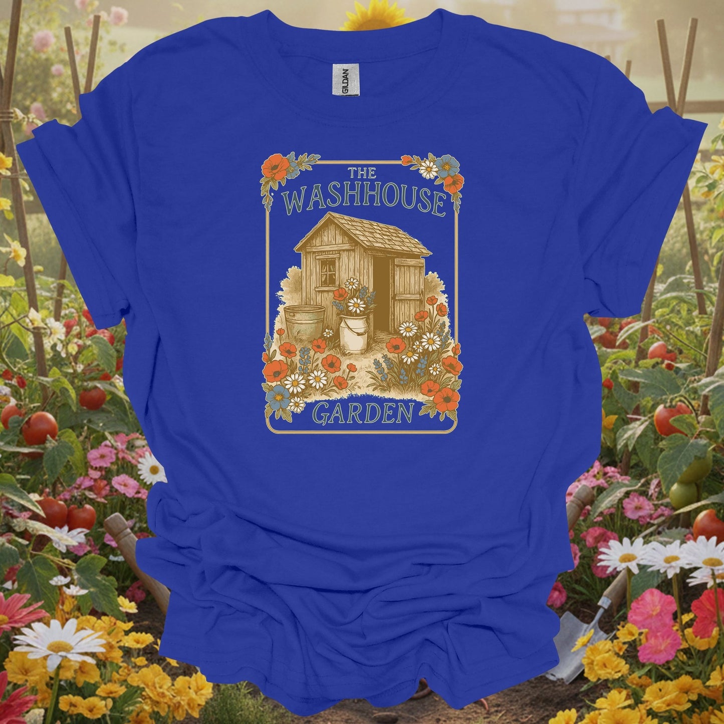 Royal top showing vintage washhouse garden shed botanical illustration for people who love garden buildings