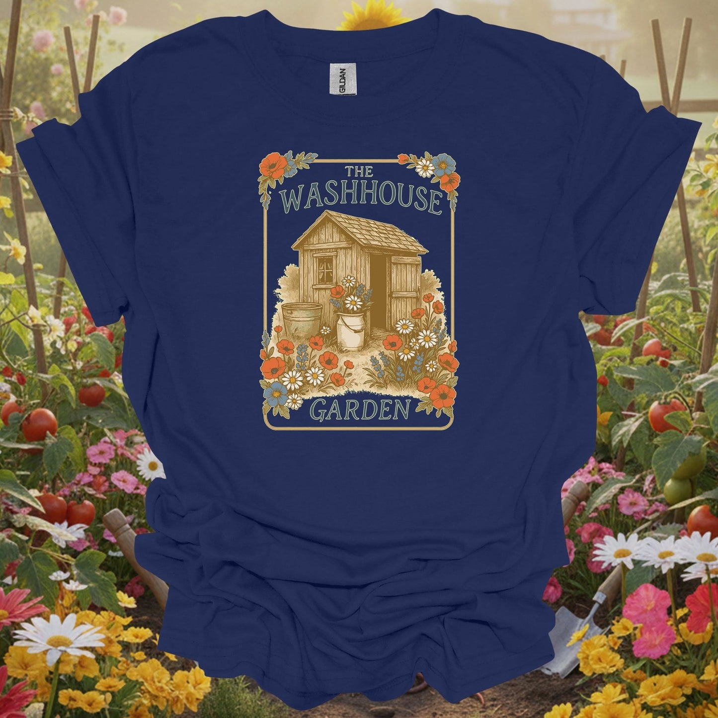 Navy shirt showing vintage washhouse garden shed botanical illustration for traditional gardeners