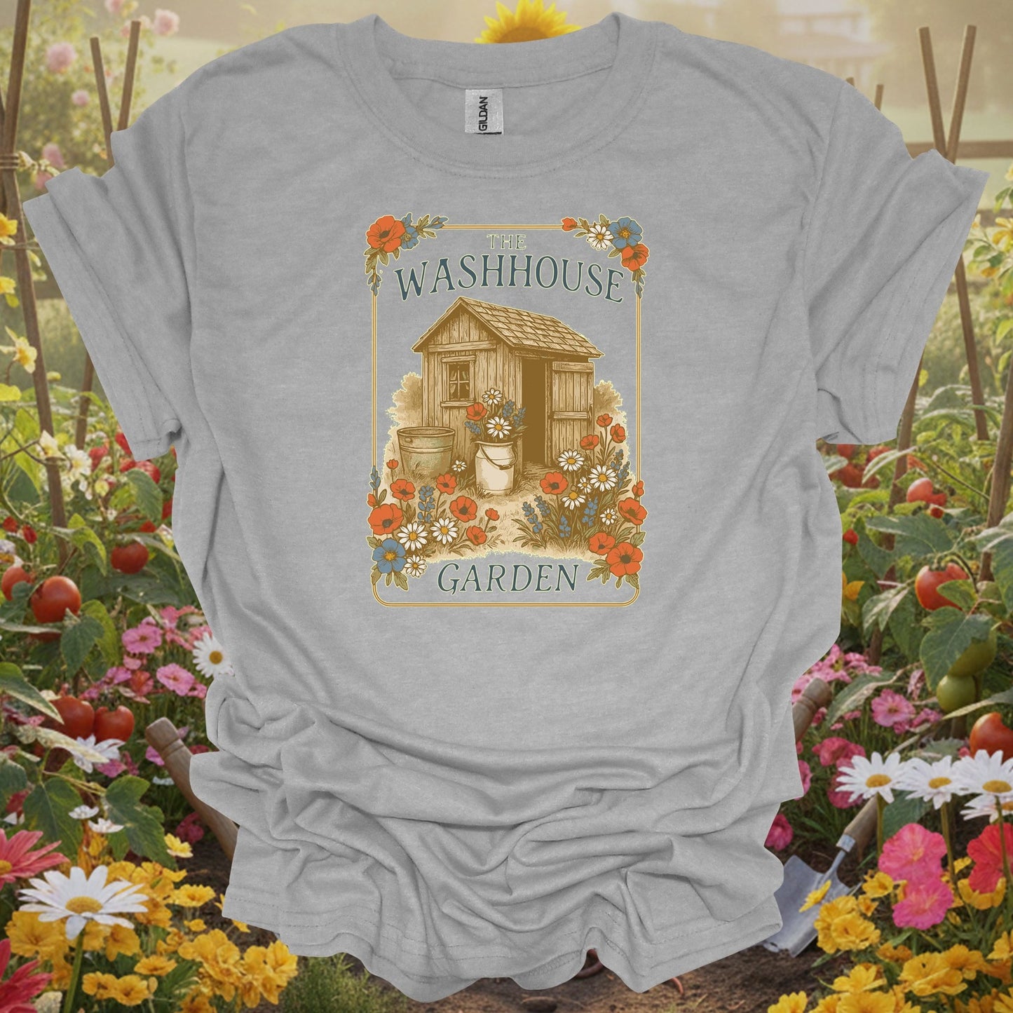 Sport gray tshirt showing vintage washhouse garden shed botanical illustration for farmhouse style fans