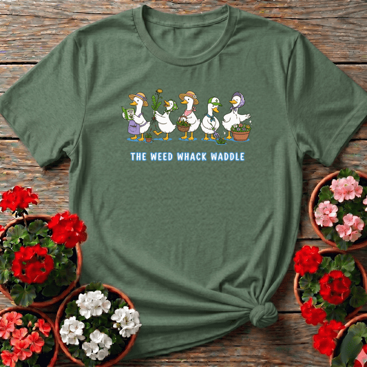 Military Green whimsical illustrated goose gardening shirt "The Weed Whack Waddle" for plant fans