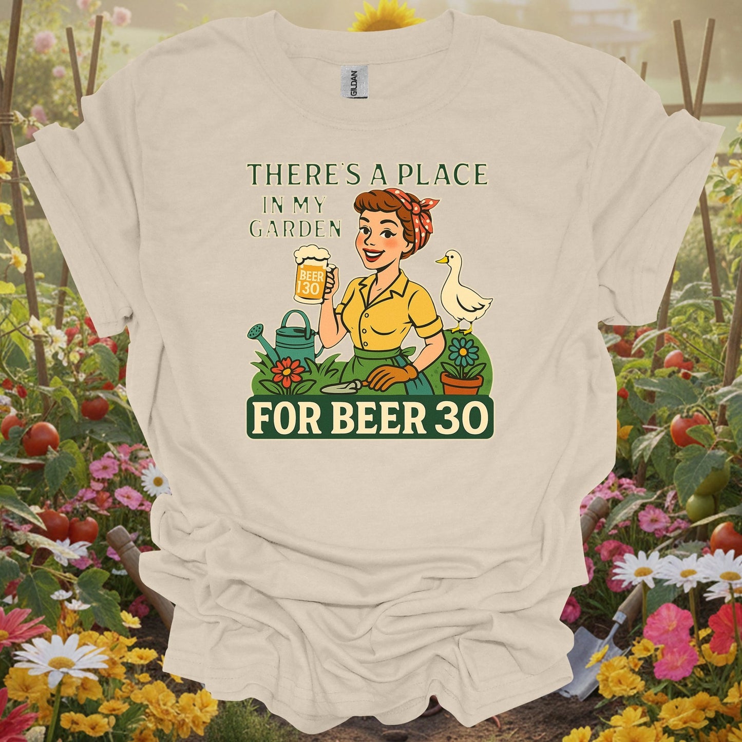 Natural tshirt showing there's a place in my garden for beer 30 for bee garden keepers