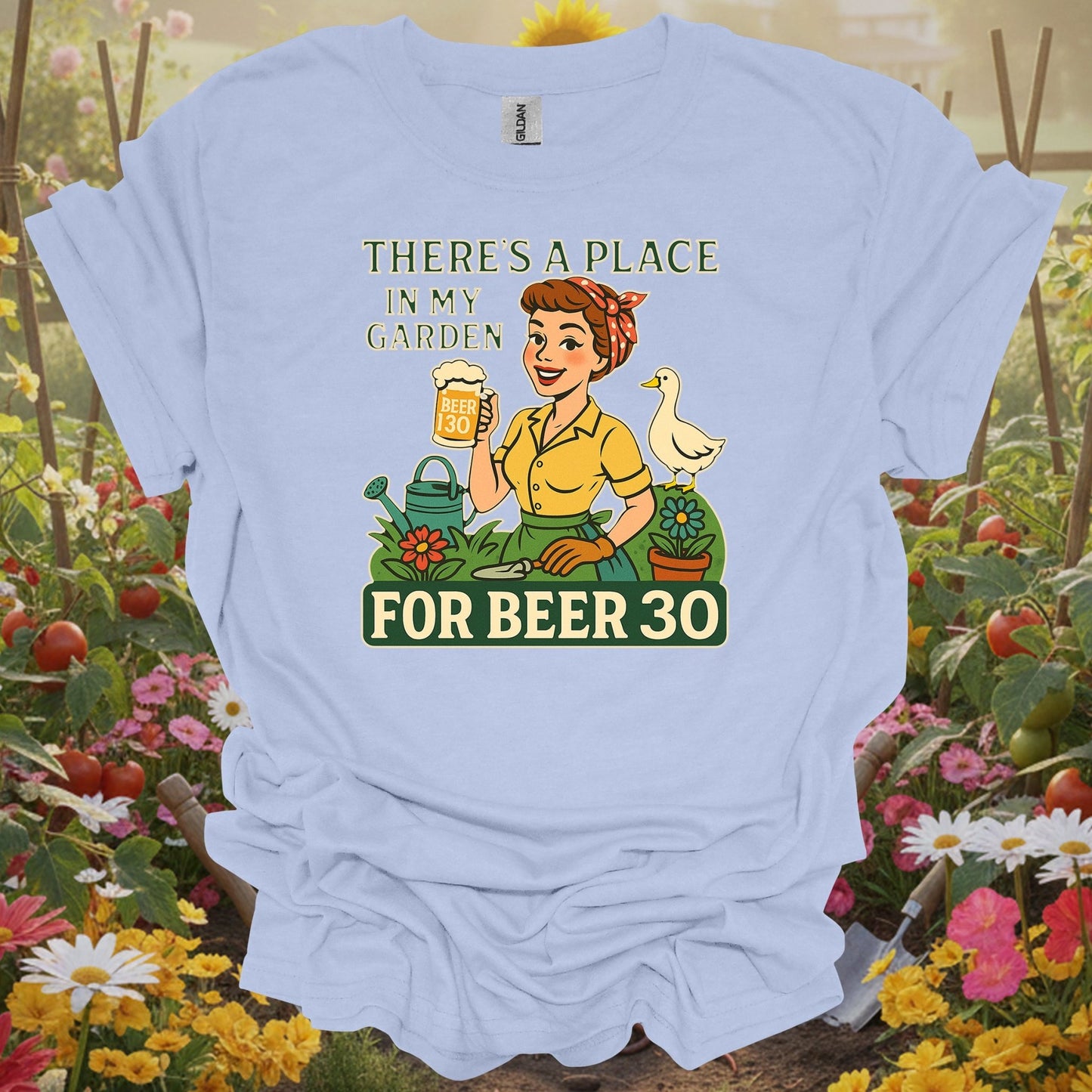 Light Blue shirt showing there's a place in my garden for beer 30 for bee-friendly gardeners