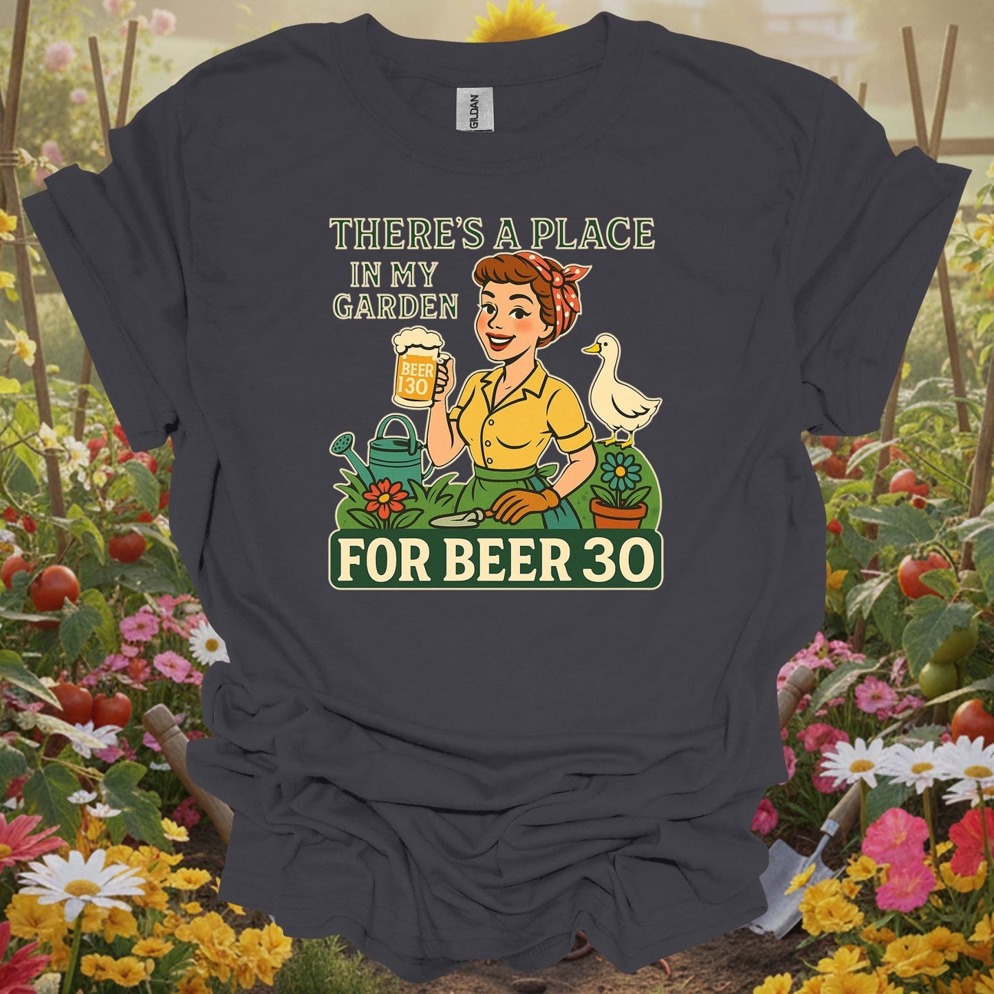 Charcoal tee showing there's a place in my garden for beer 30 for pollinator advocates