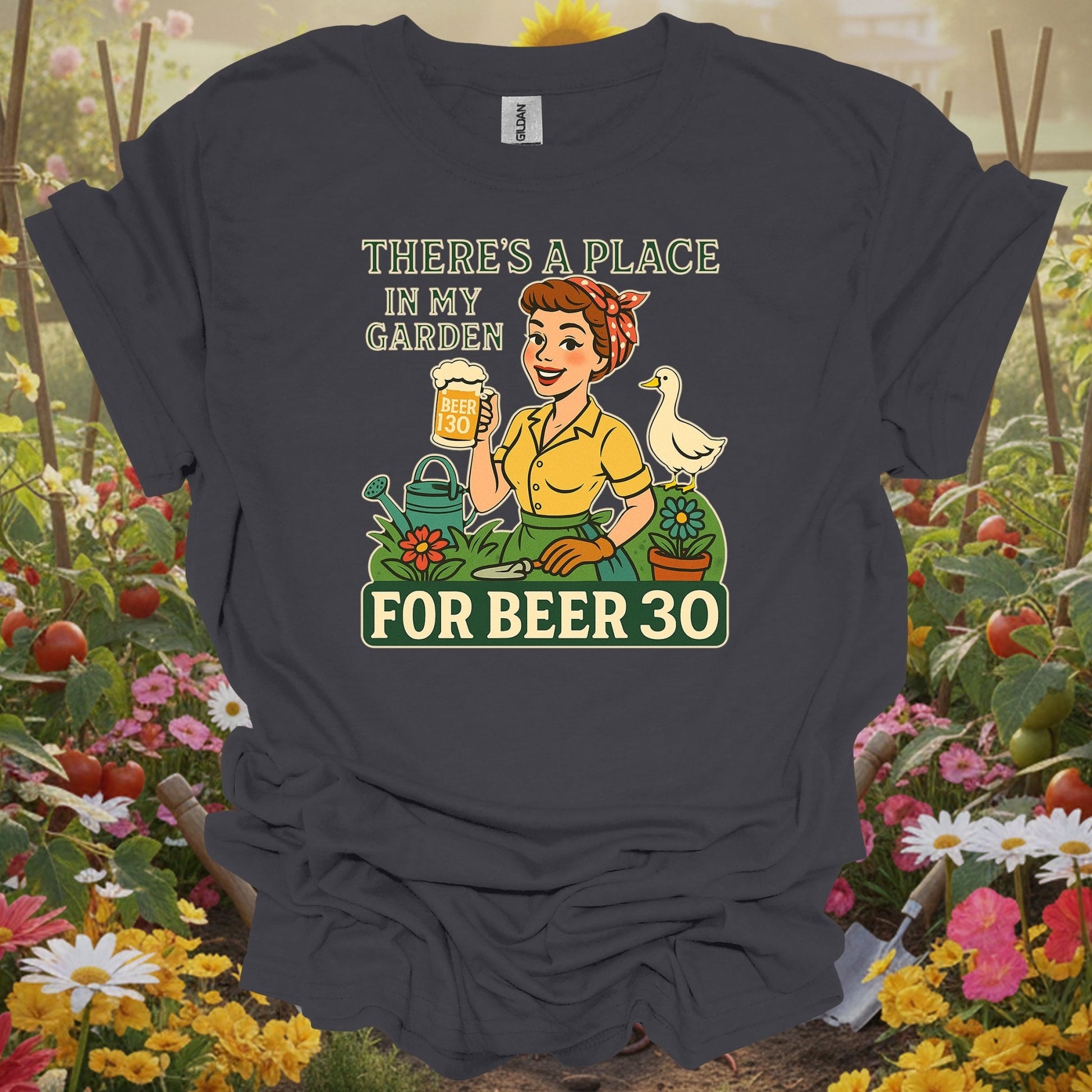 Charcoal tee showing there's a place in my garden for beer 30 for pollinator advocates