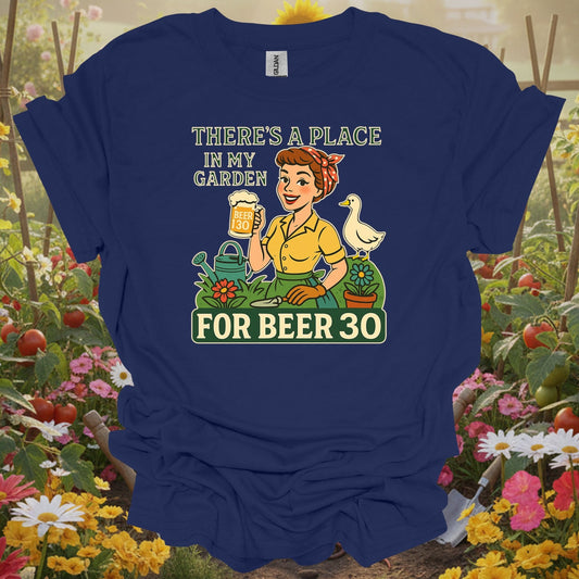 Navy tshirt showing there's a place in my garden for beer 30 for beekeepers