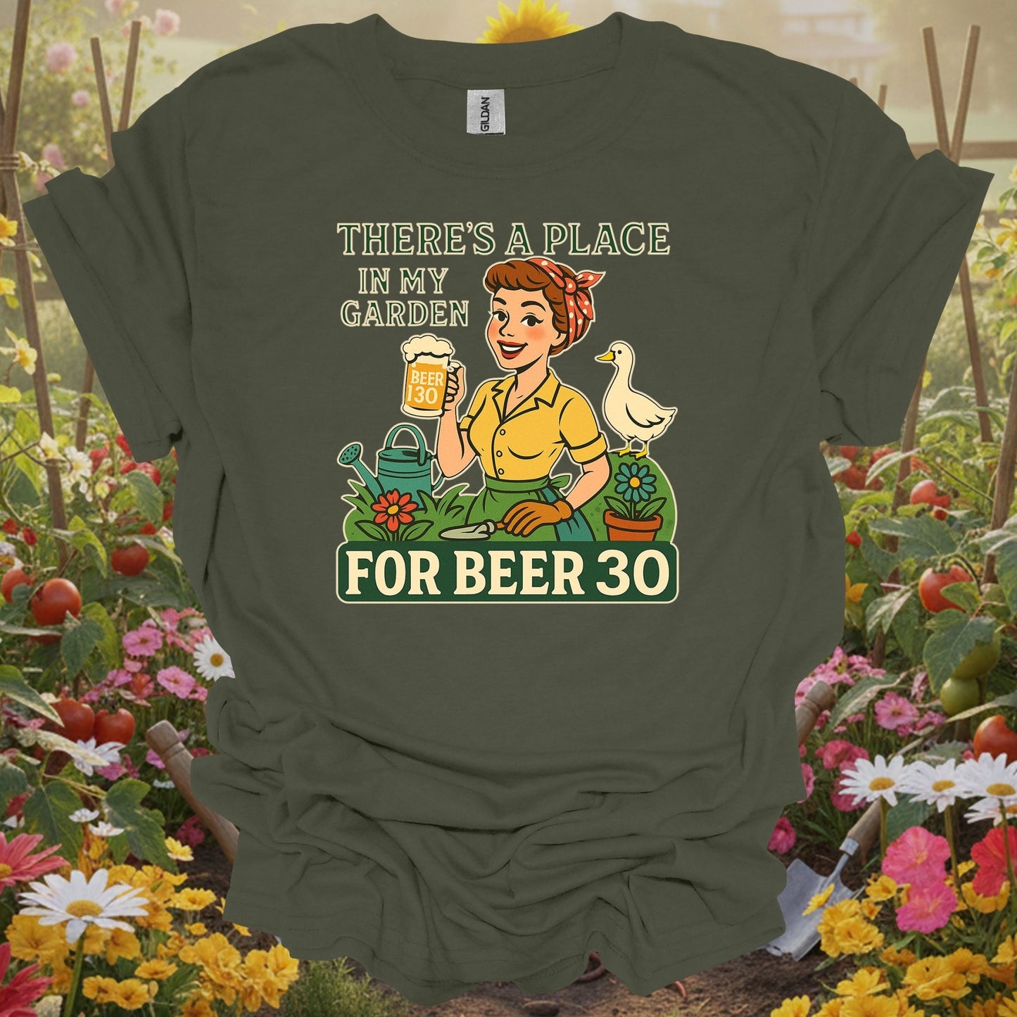 Military Green top showing there's a place in my garden for beer 30 for pollinator supporters