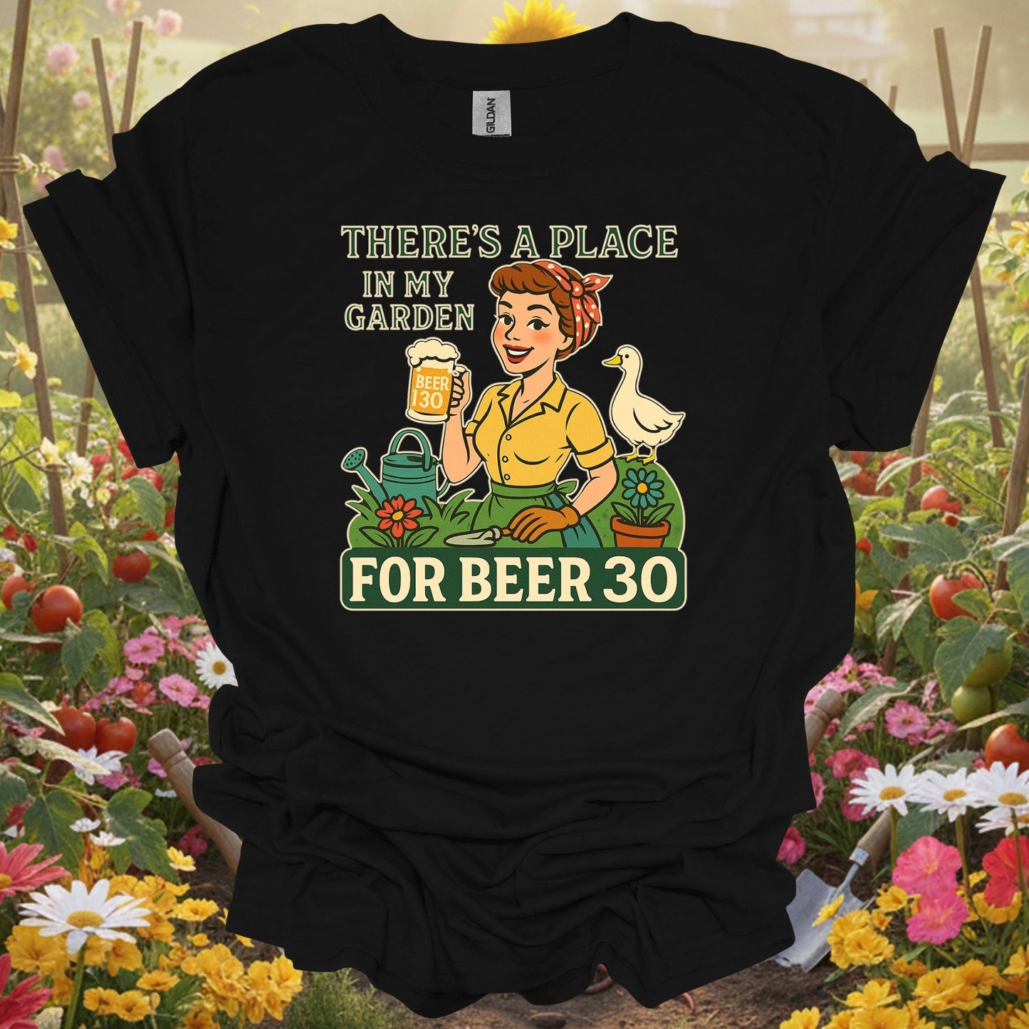Black shirt showing there's a place in my garden for beer 30 for folks who love bees