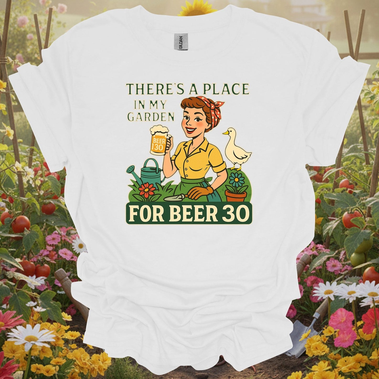 White tee showing there's a place in my garden for beer 30 for conservation gardeners