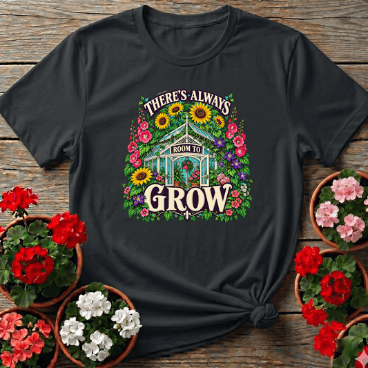 Black cottagecore Victorian greenhouse gardening tee with "There's Always Room To Grow" for plant lovers
