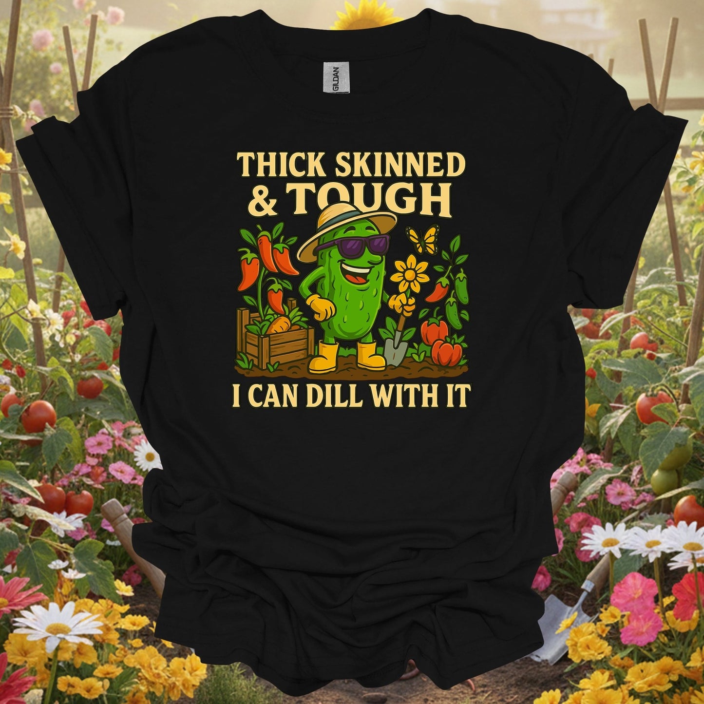 Black shirt showing tough pickle with I can dill with it pun for tough gardeners
