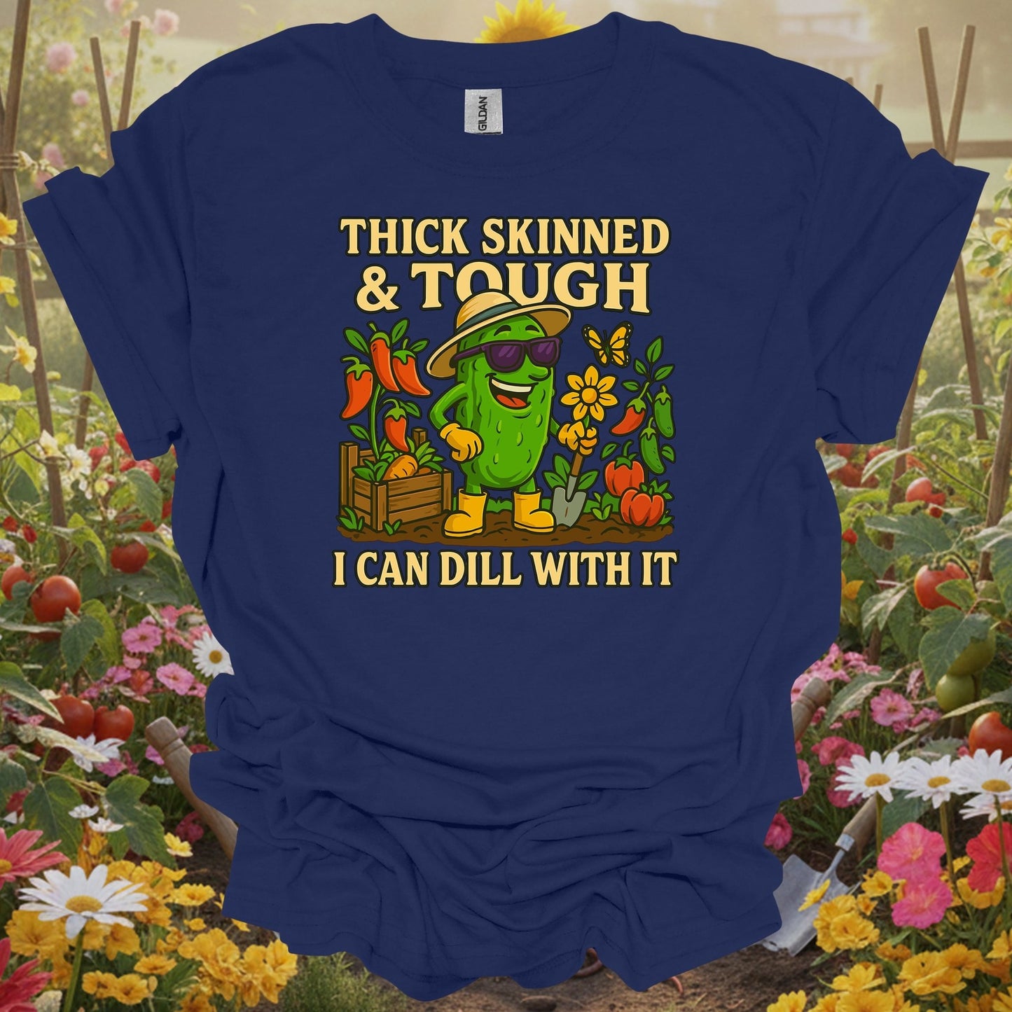 Navy shirt showing tough pickle with I can dill with it pun for folks with thick skin
