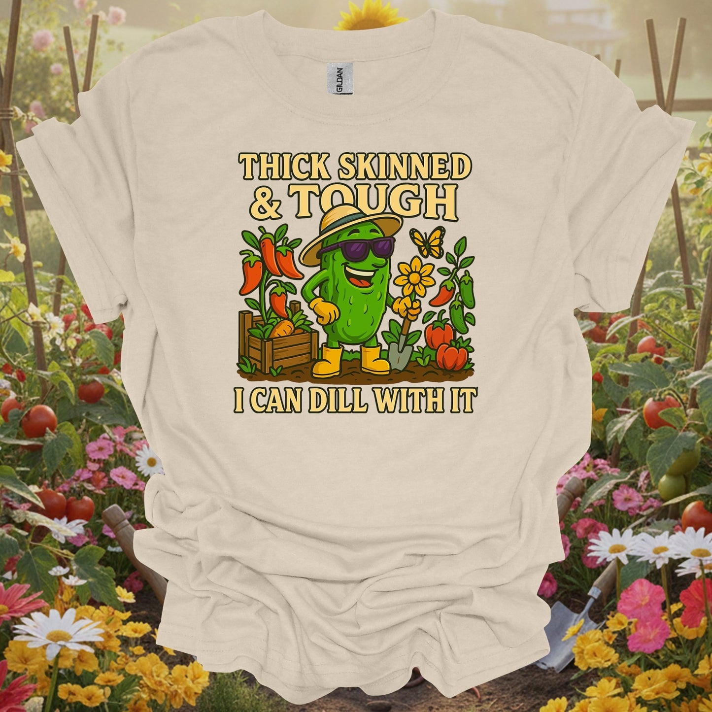 Natural tshirt showing tough pickle with I can dill with it pun for growers who dill with anything
