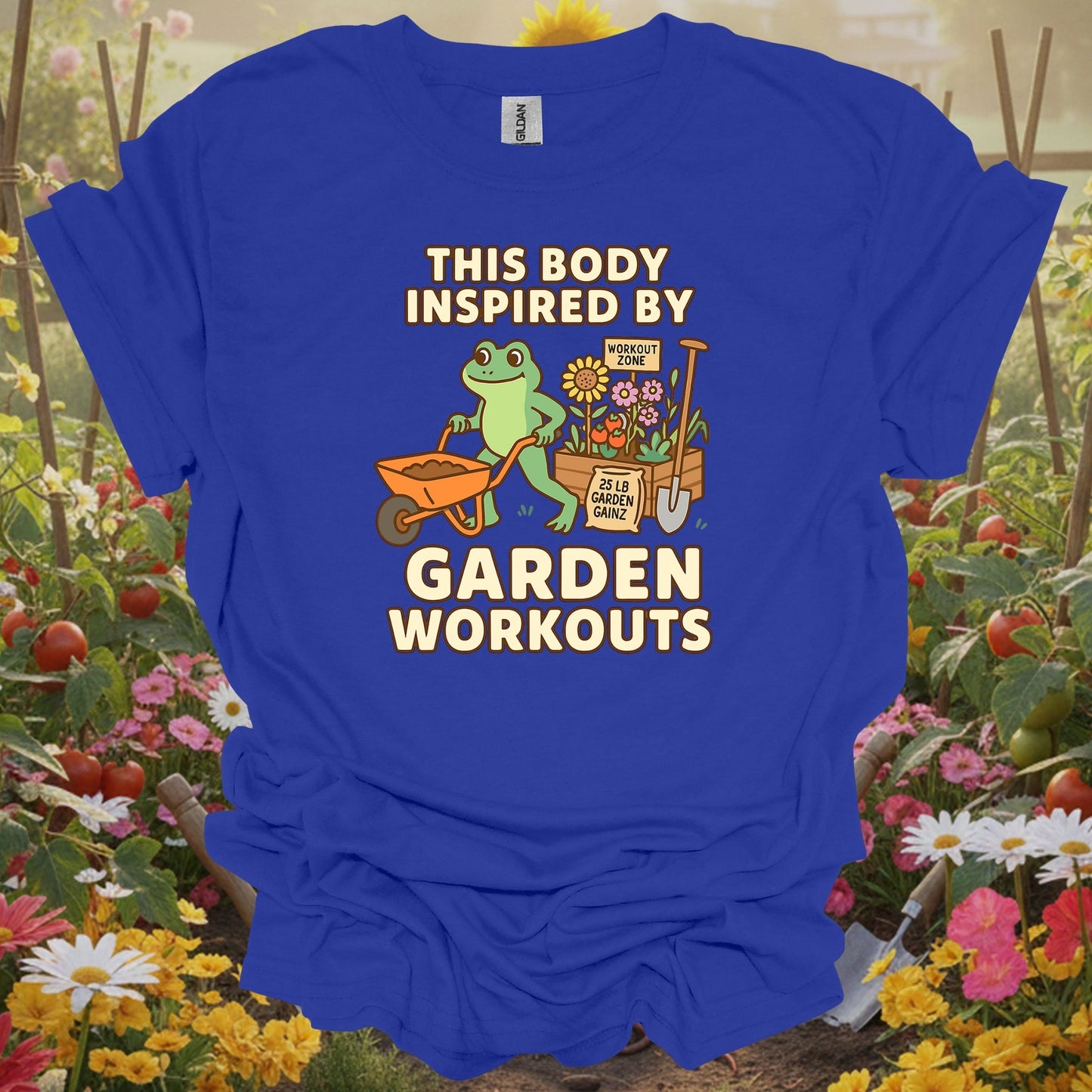 Royal tshirt showing this body inspired by garden workouts frog for backyard growers