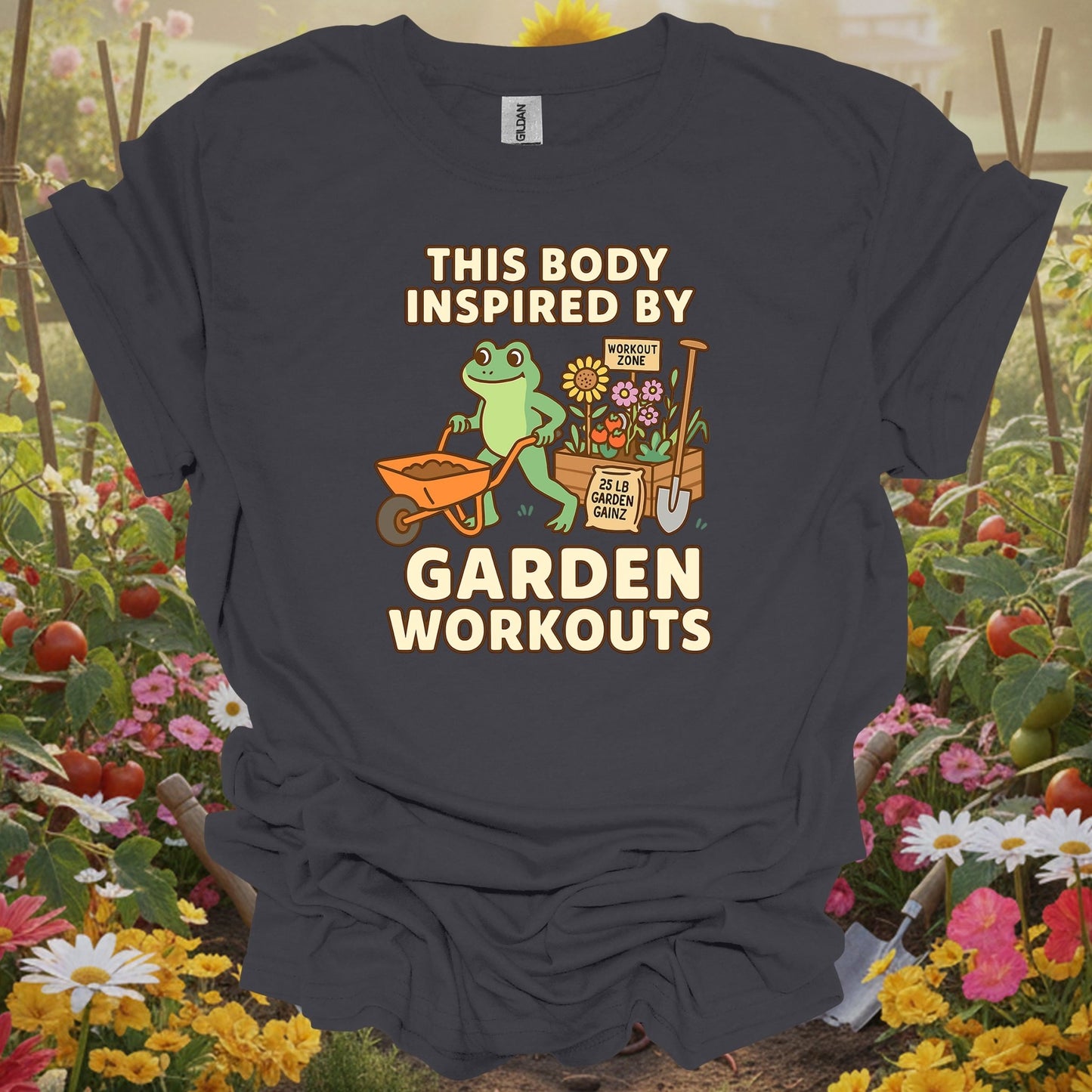 Charcoal tee showing this body inspired by garden workouts frog for plant lovers