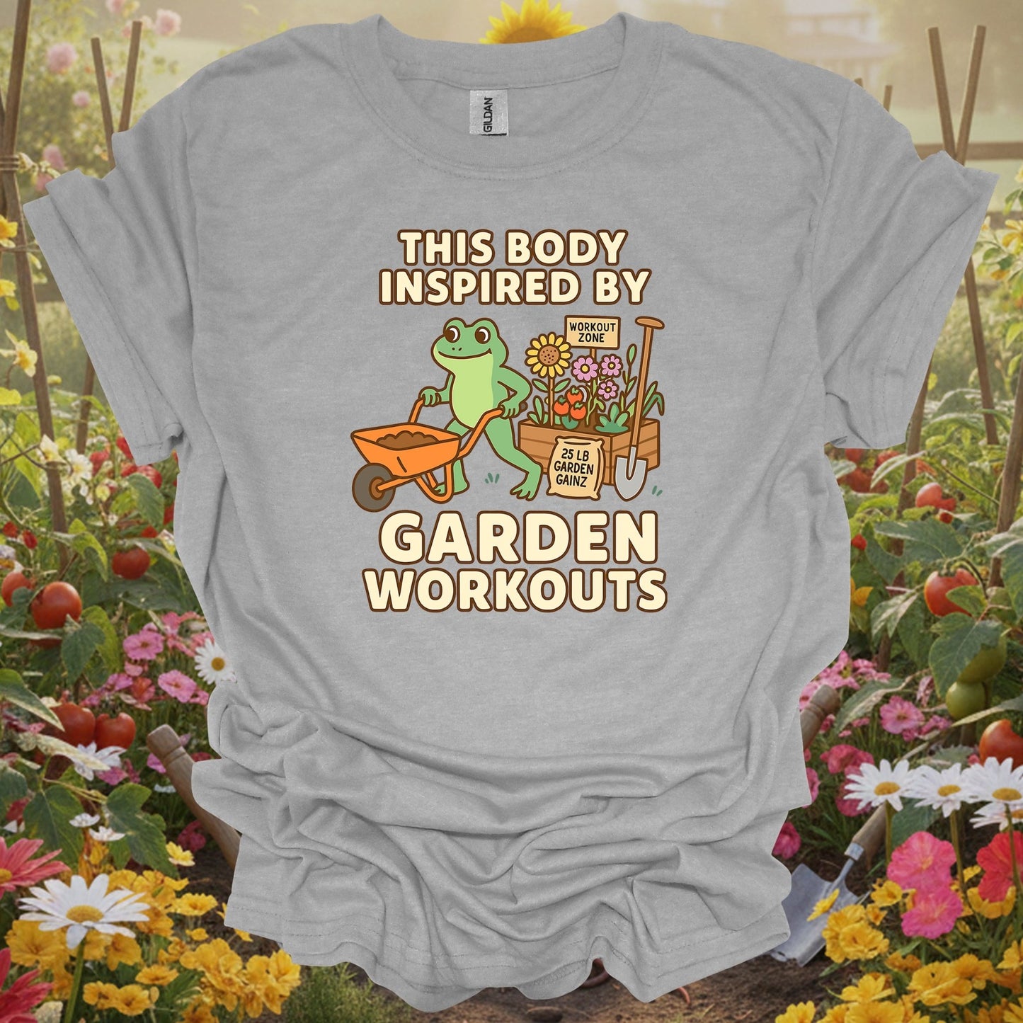 Sport Grey tee showing this body inspired by garden workouts frog for garden hobbyists