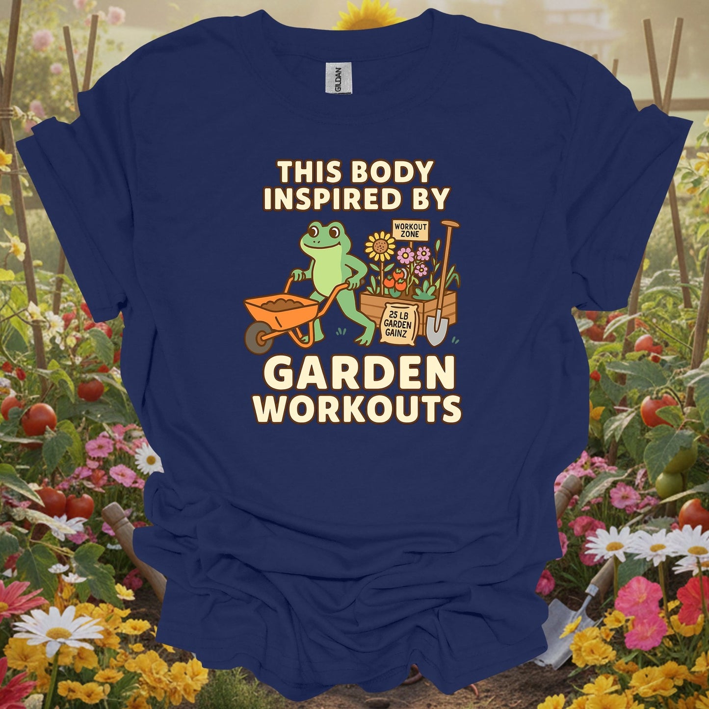 Navy top showing this body inspired by garden workouts frog for green thumb folks