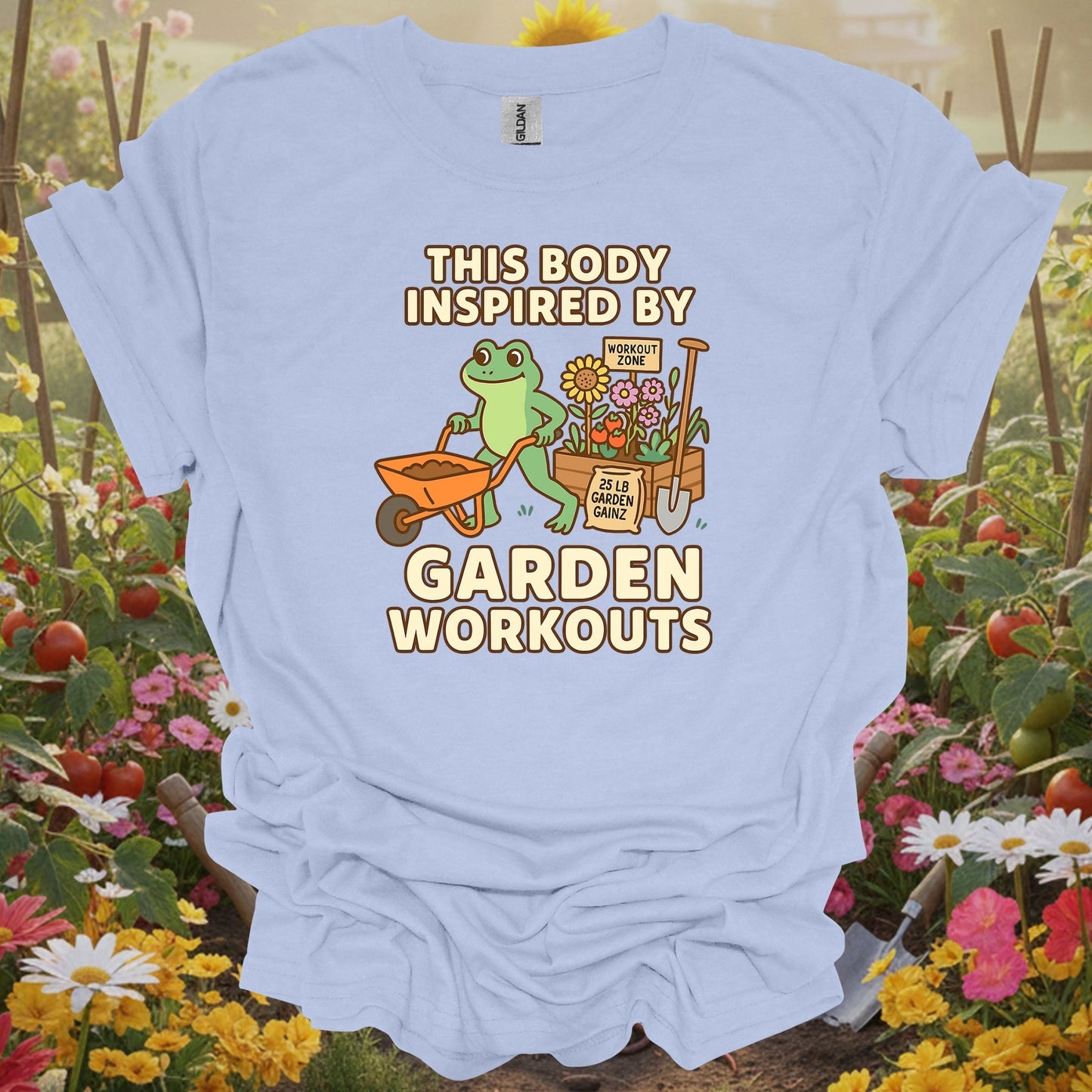 Light Blue shirt showing this body inspired by garden workouts frog for home gardeners