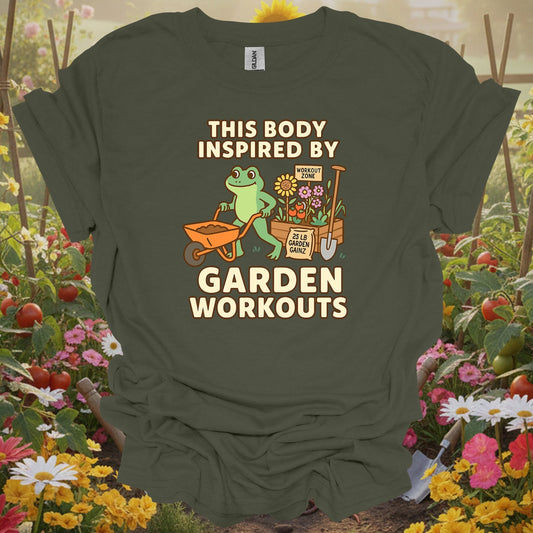 Military Green tshirt showing this body inspired by garden workouts frog for gardening enthusiasts