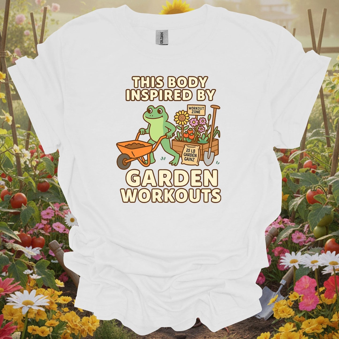 White shirt showing this body inspired by garden workouts frog for outdoor enthusiasts