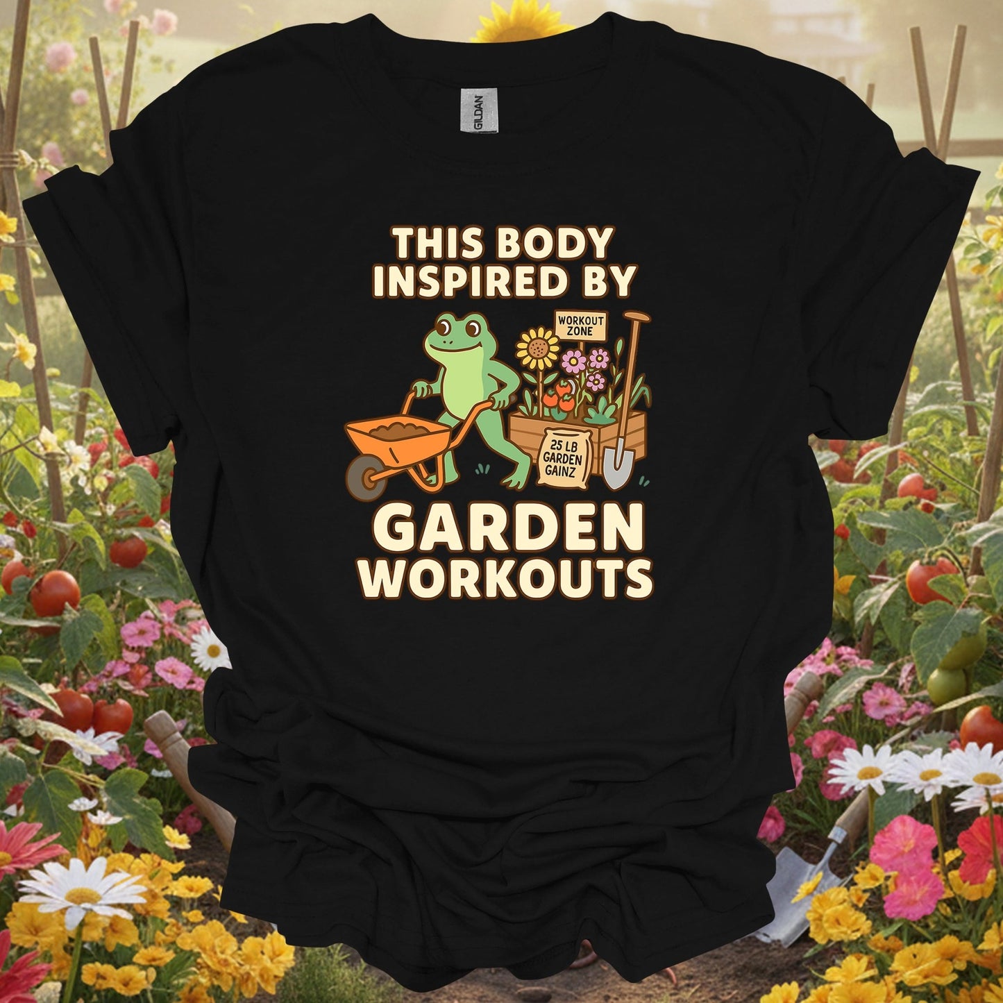 Black top showing this body inspired by garden workouts frog for nature lovers
