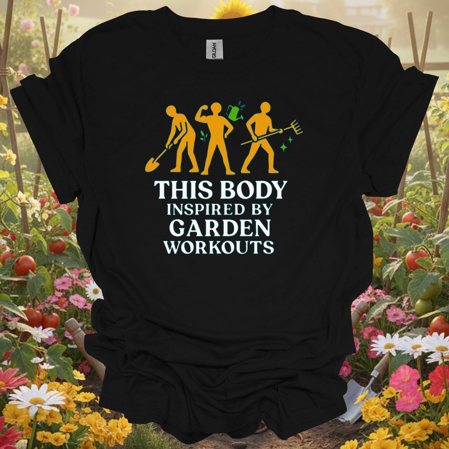 Black shirt showing this body inspired by garden workouts happy for outdoor enthusiasts