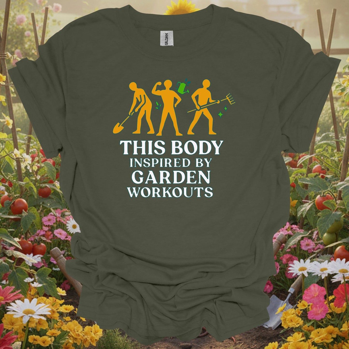 Military Green top showing this body inspired by garden workouts happy for nature lovers