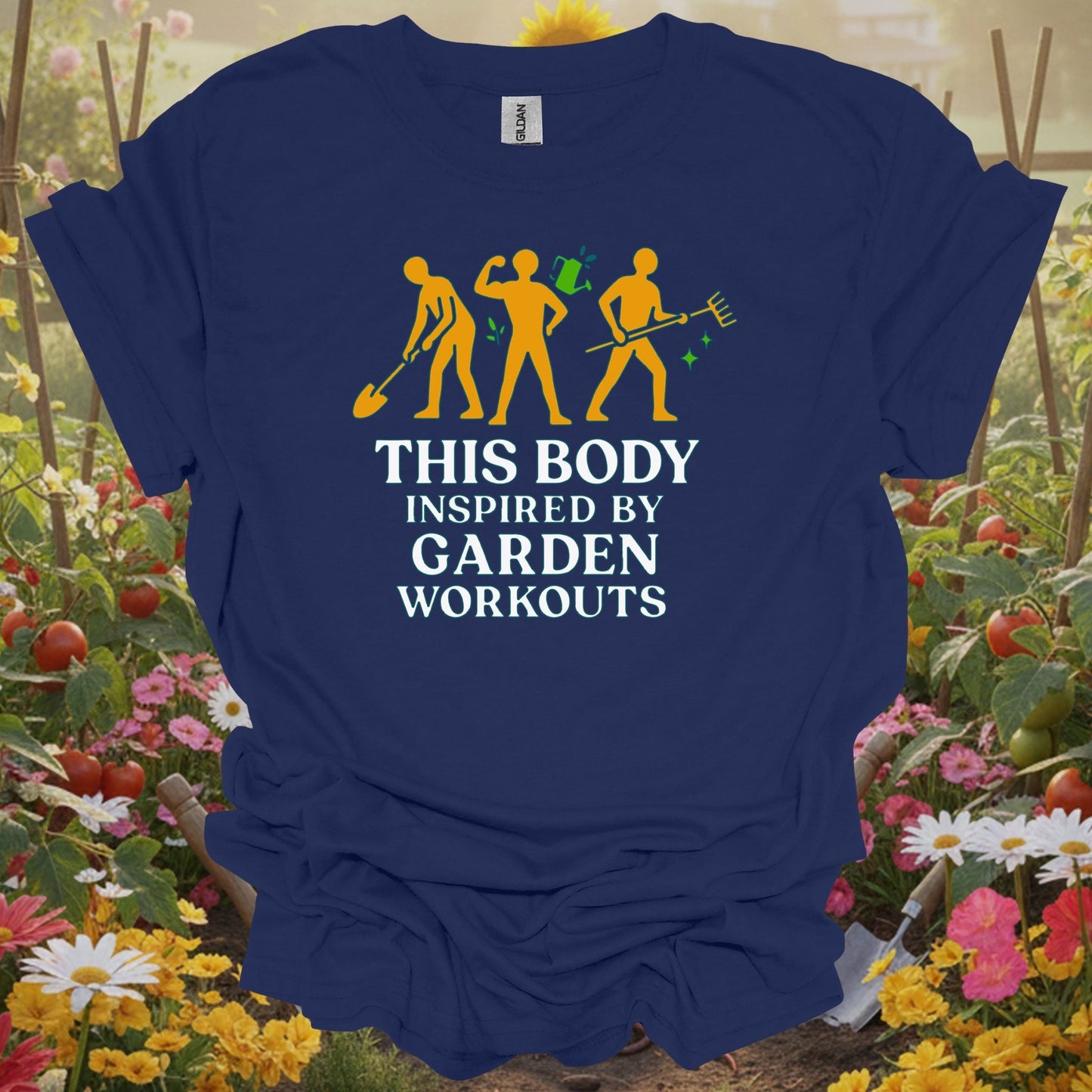 Navy shirt showing this body inspired by garden workouts happy for home gardeners