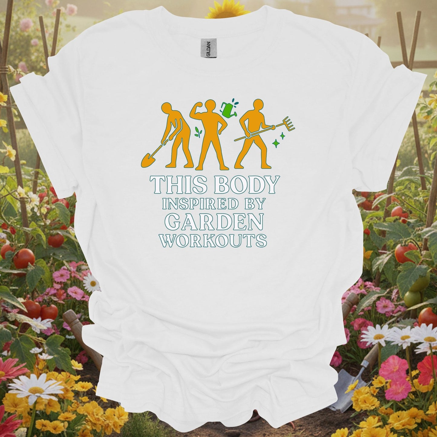 White tee showing this body inspired by garden workouts happy for garden hobbyists