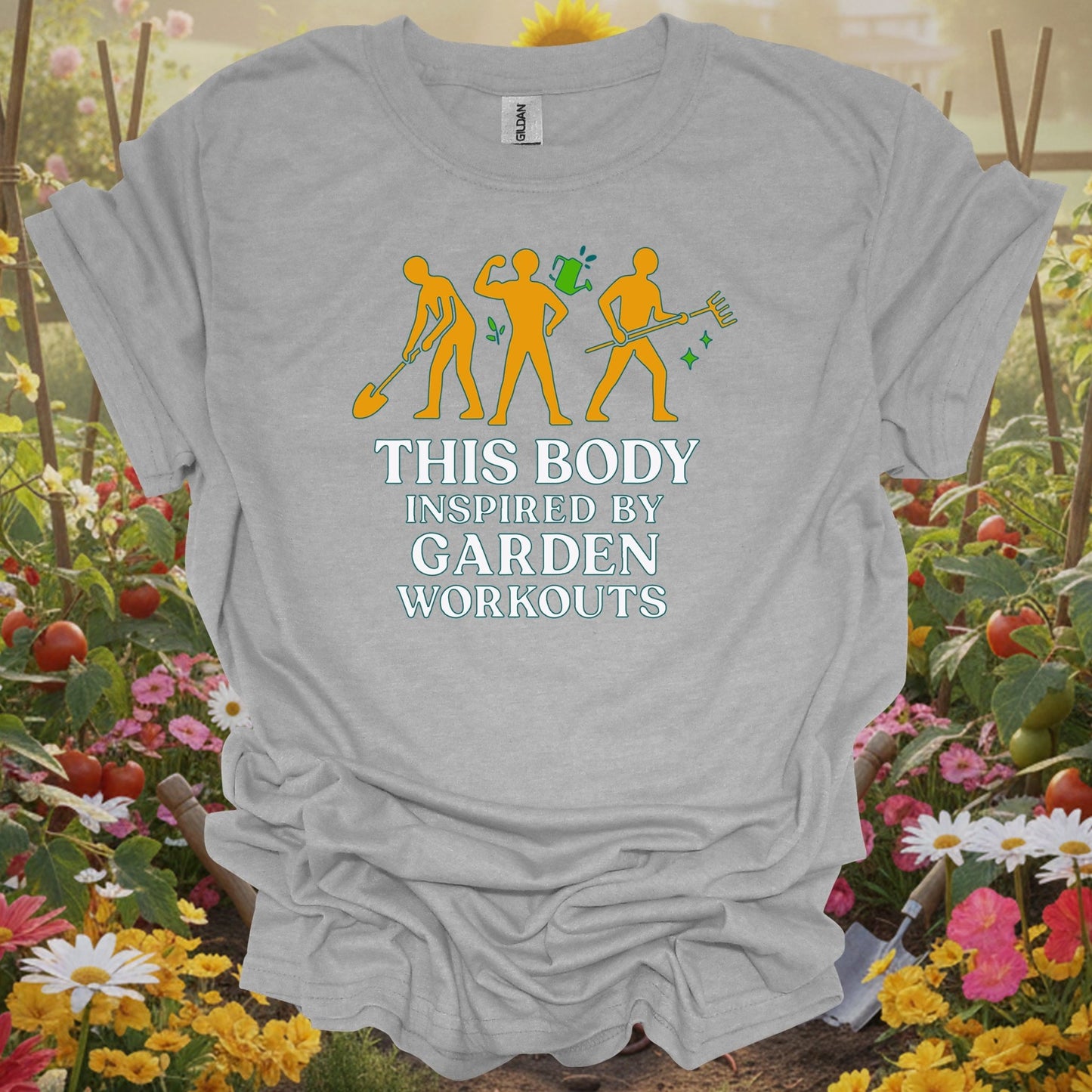 Sport Grey tshirt showing this body inspired by garden workouts happy for backyard growers