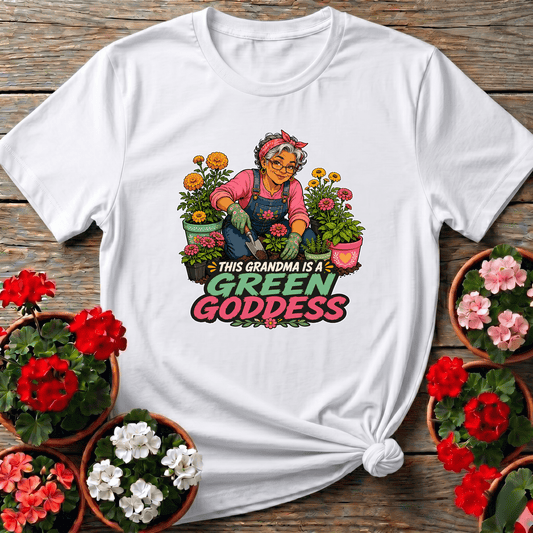 White bold illustrated gardening shirt "This Grandma Is a Green Goddess" for grandmas who love flowers