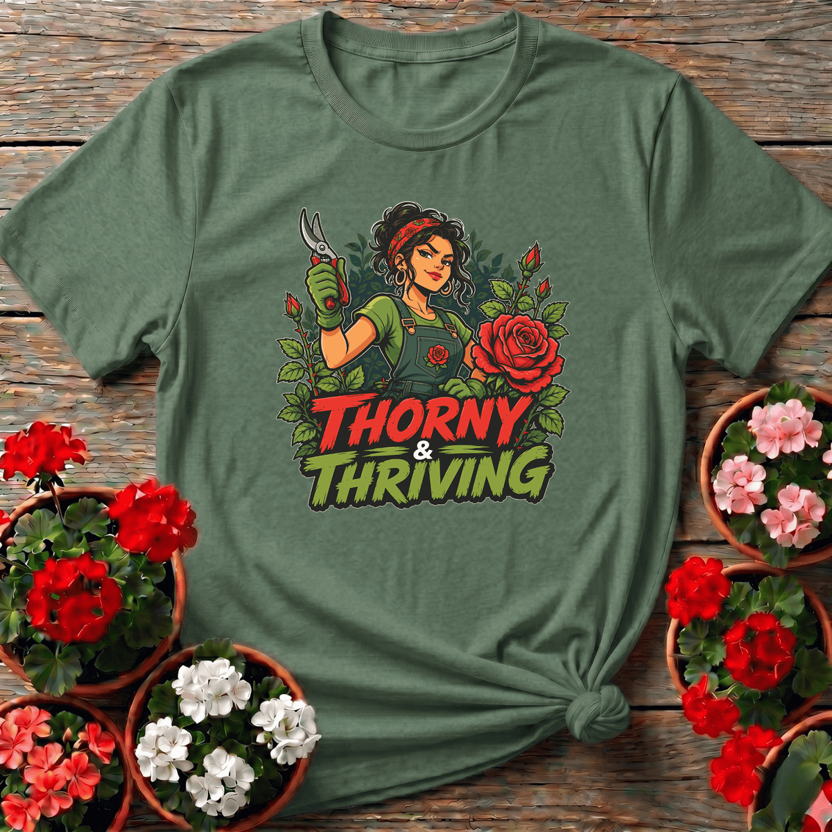Military Green bold rose illustration gardening shirt "Thorny and Thriving" for women gardeners
