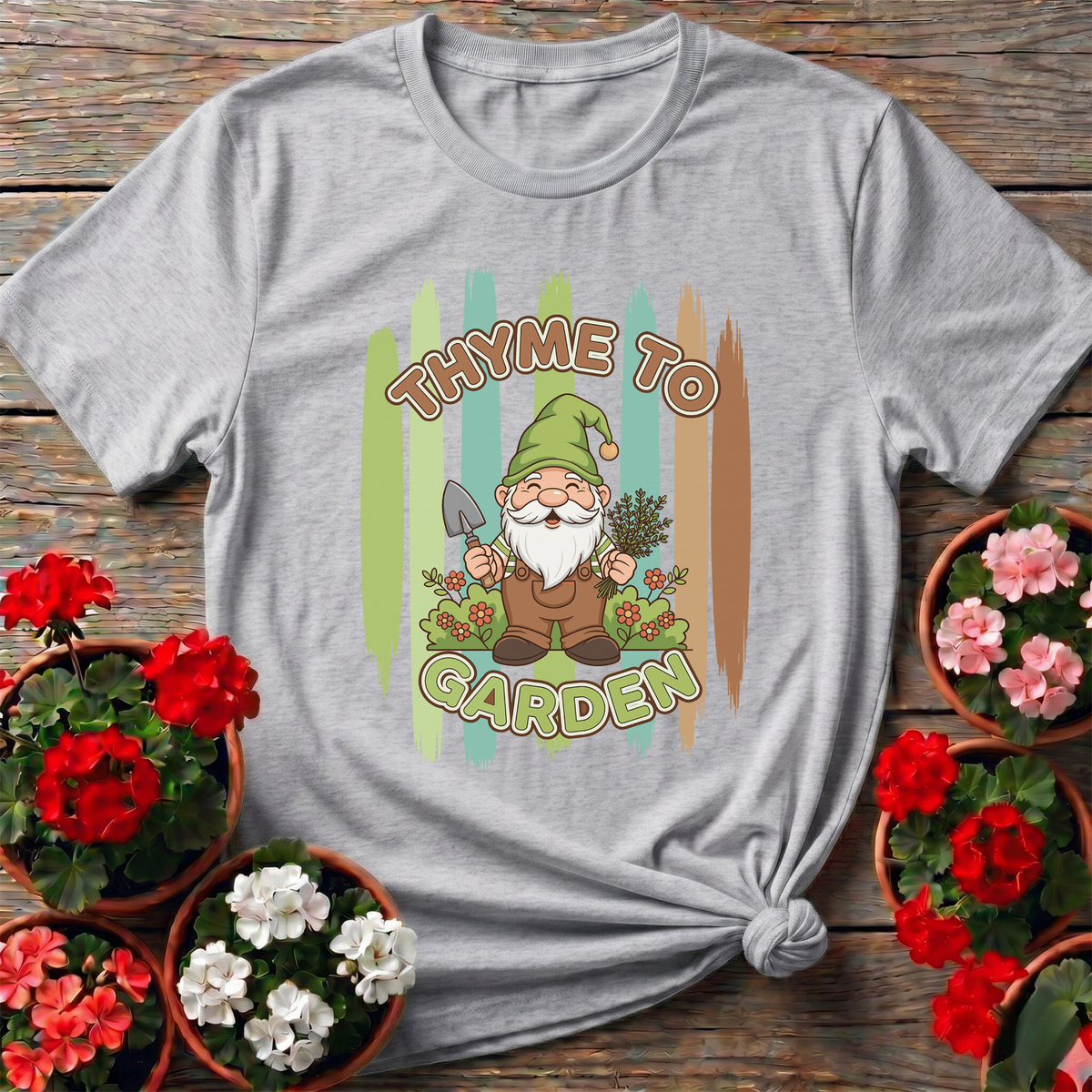 Thyme To Garden Funny Gnome Gardener T-Shirt - GardeningTshirts