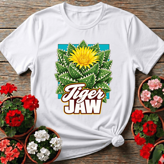 White vintage-style flowering succulent t-shirt with bold Tiger Jaw lettering for plant lovers