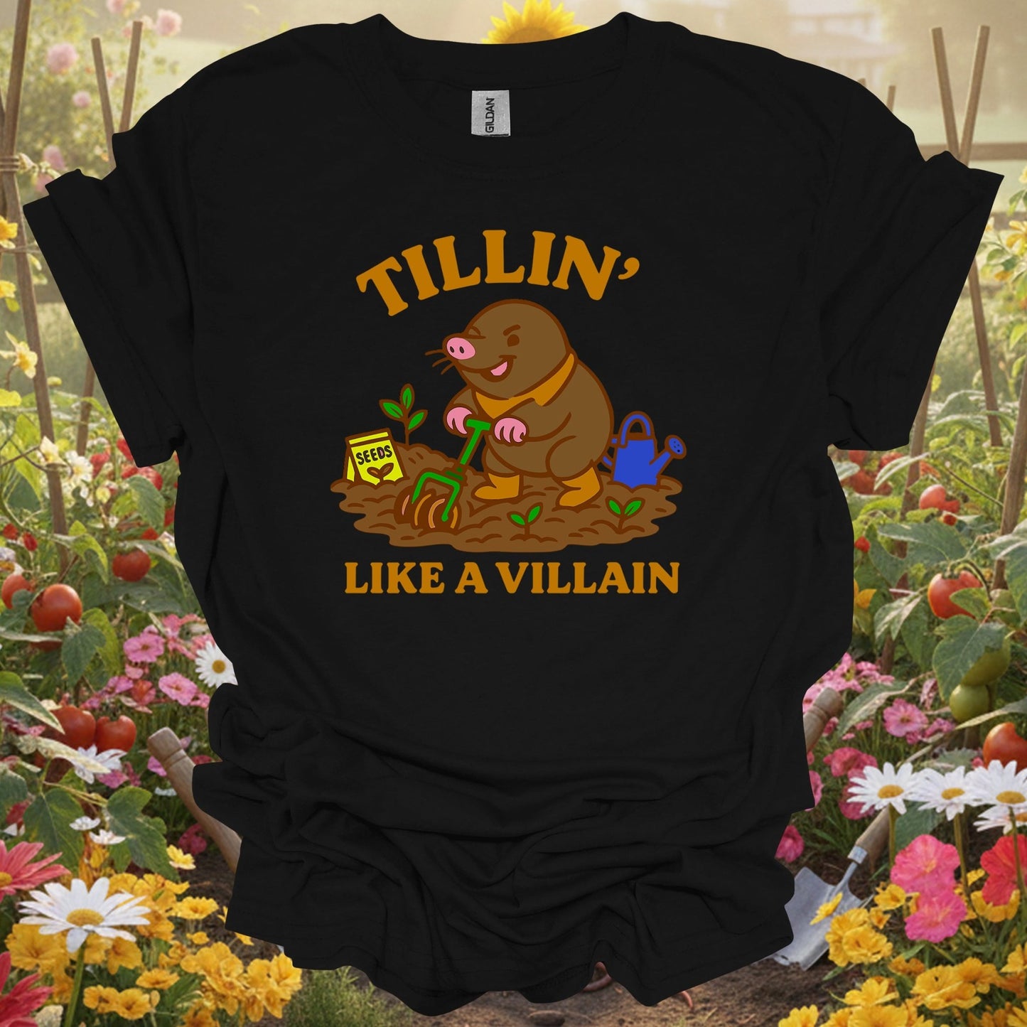 Black shirt showing tillin like a villain funny mole gardener for outdoor enthusiasts