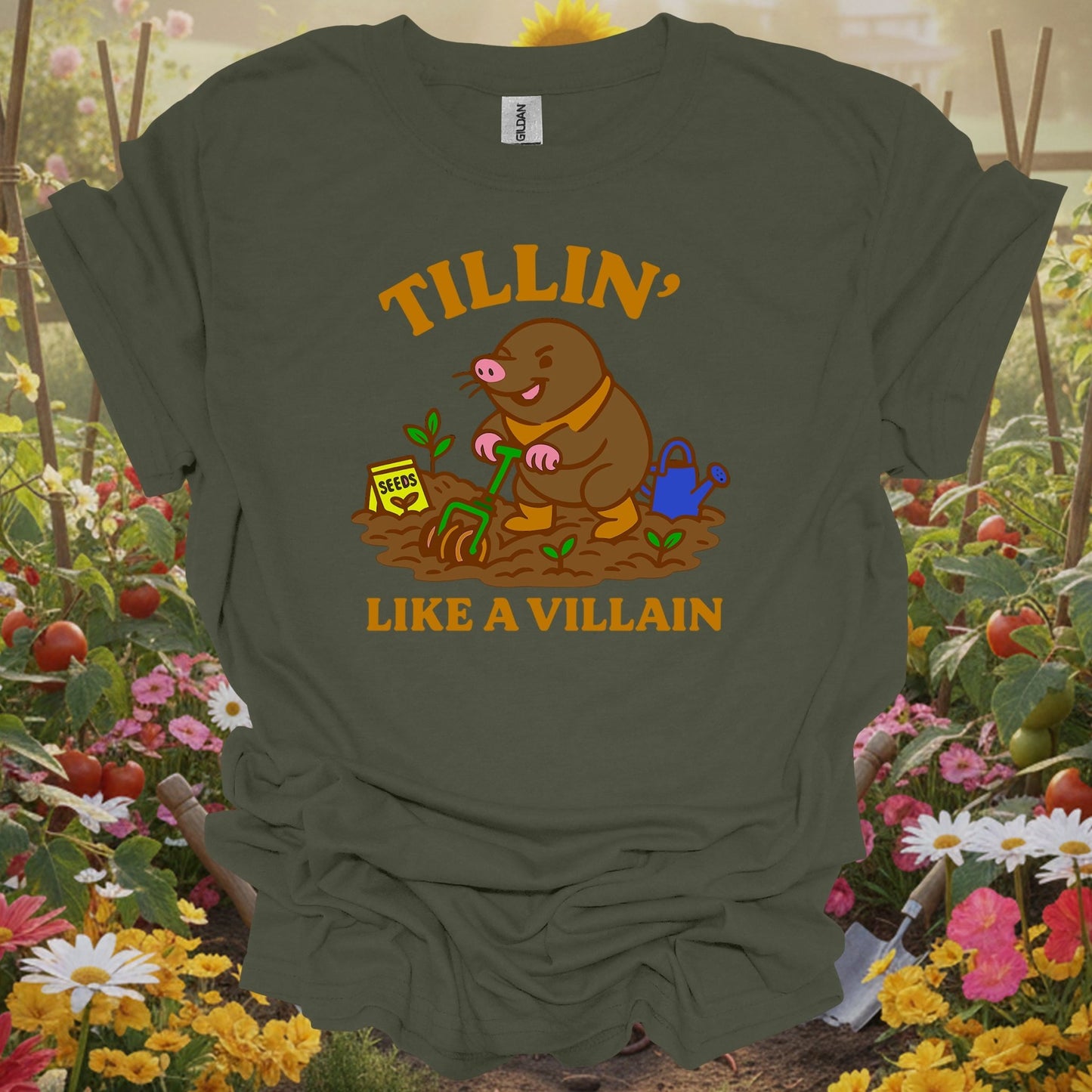 Military Green top showing tillin like a villain funny mole gardener for nature lovers