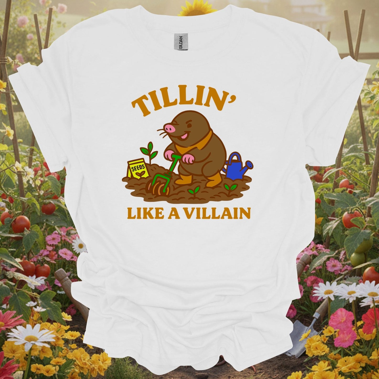 White tee showing tillin like a villain funny mole gardener for garden hobbyists