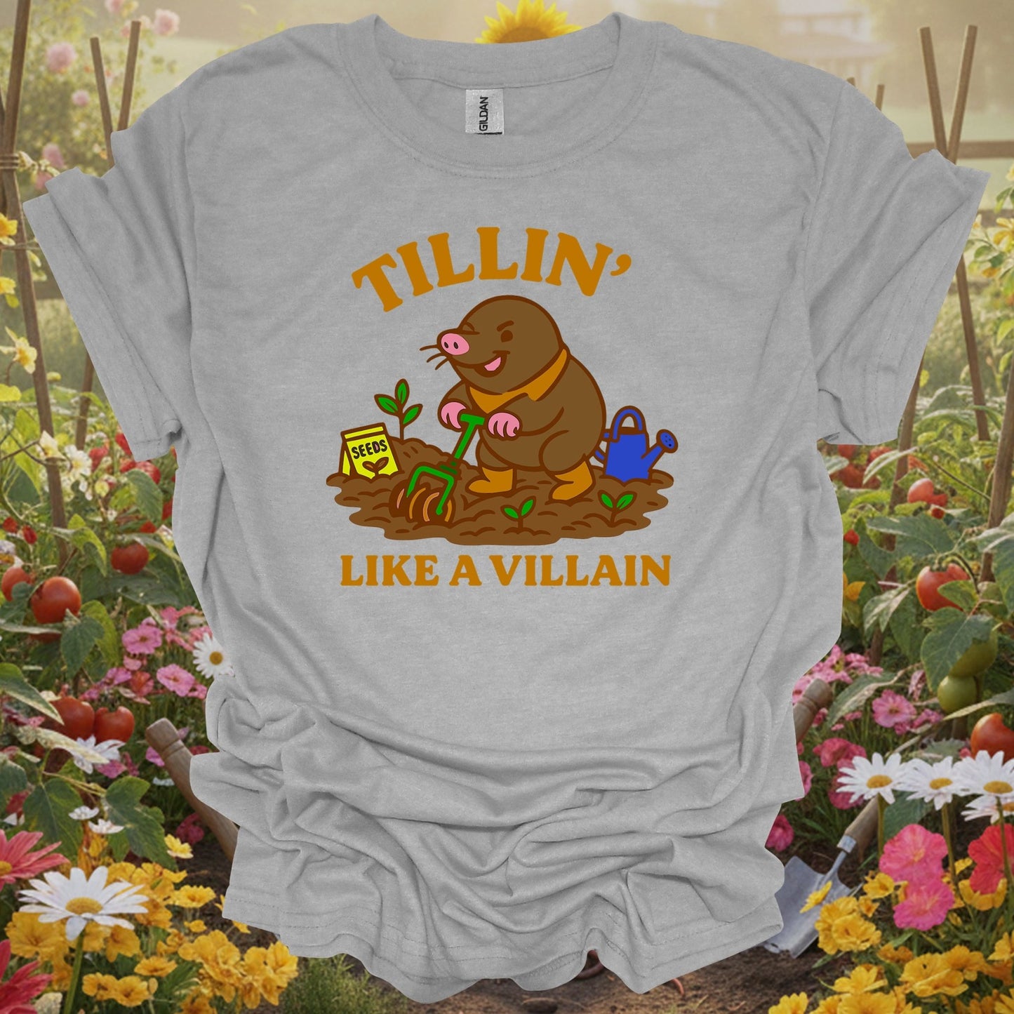 Sport Grey tshirt showing tillin like a villain funny mole gardener for backyard growers