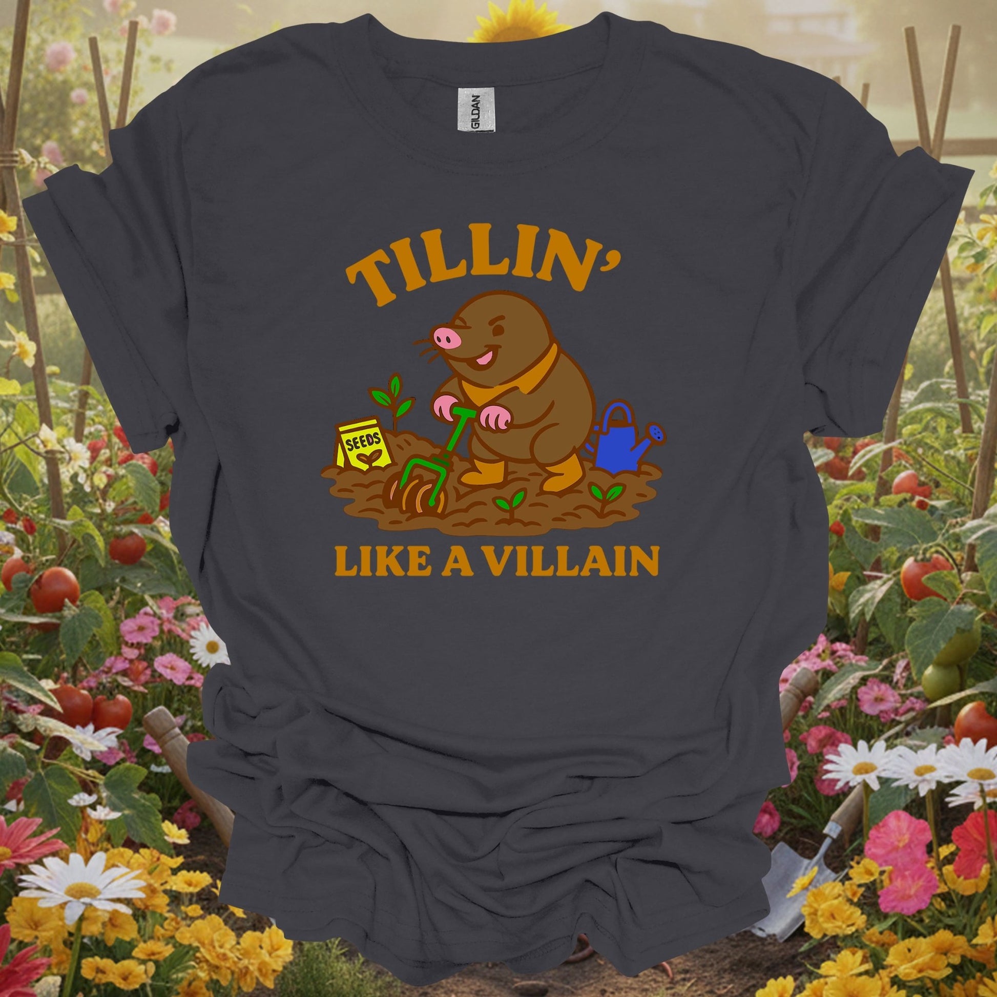 Charcoal tee showing tillin like a villain funny mole gardener for plant lovers