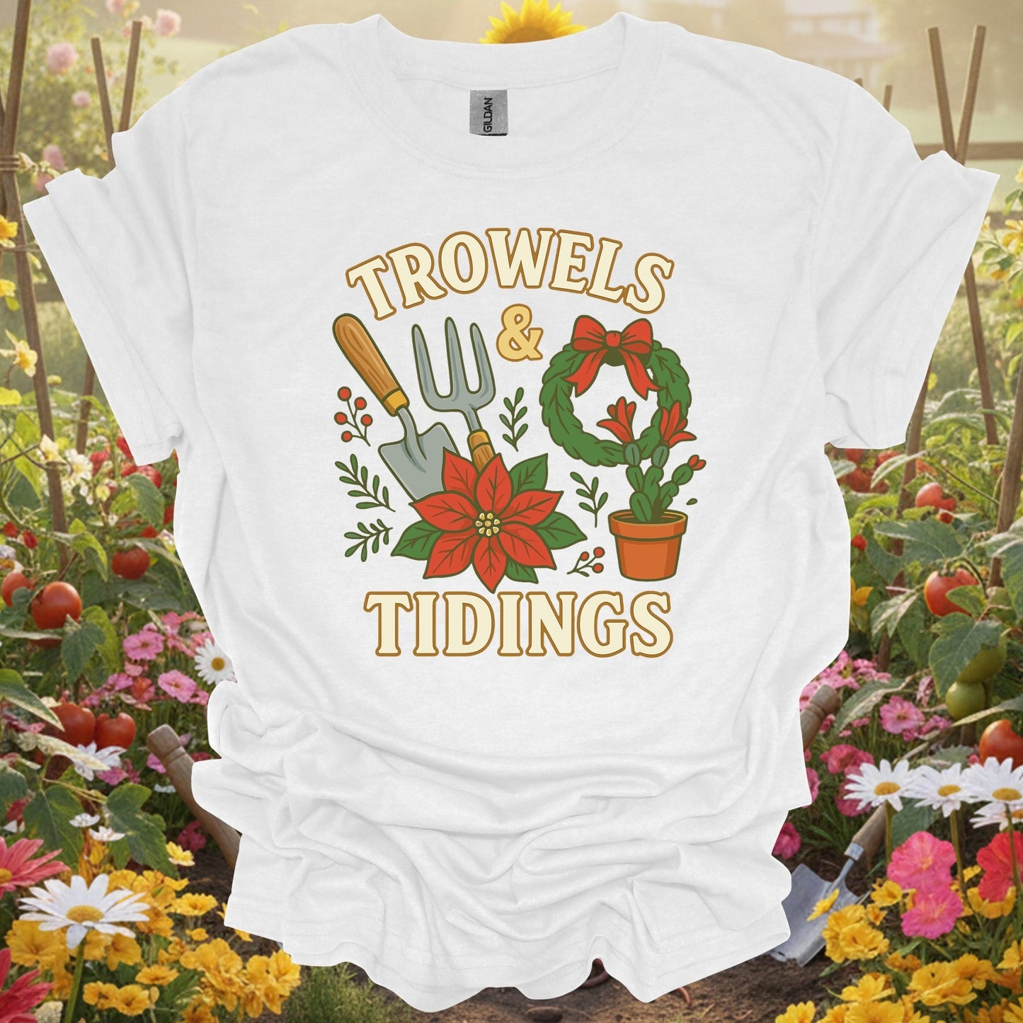 "Trowels & Tidings" Funny Christmas T-Shirt - GardeningTshirts