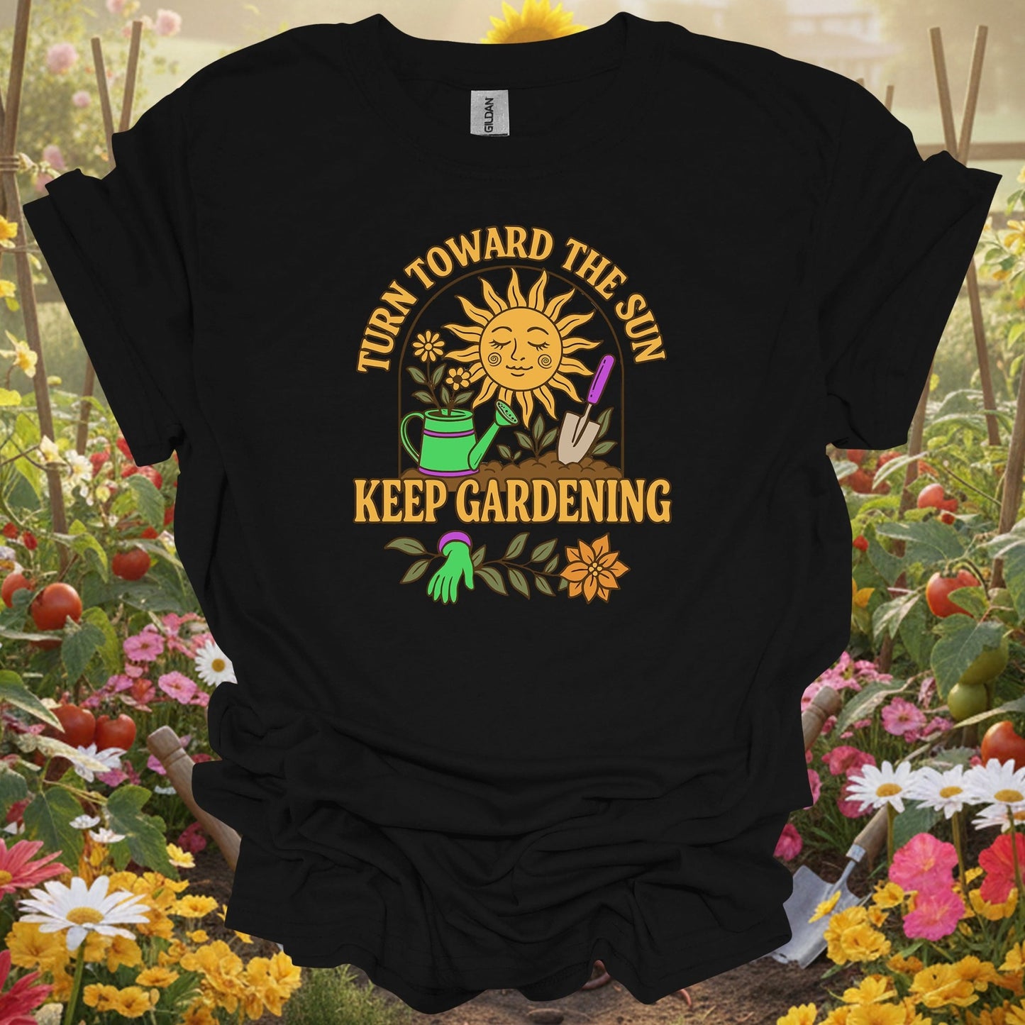 Black shirt showing turn toward the sun retro inspirational for outdoor enthusiasts